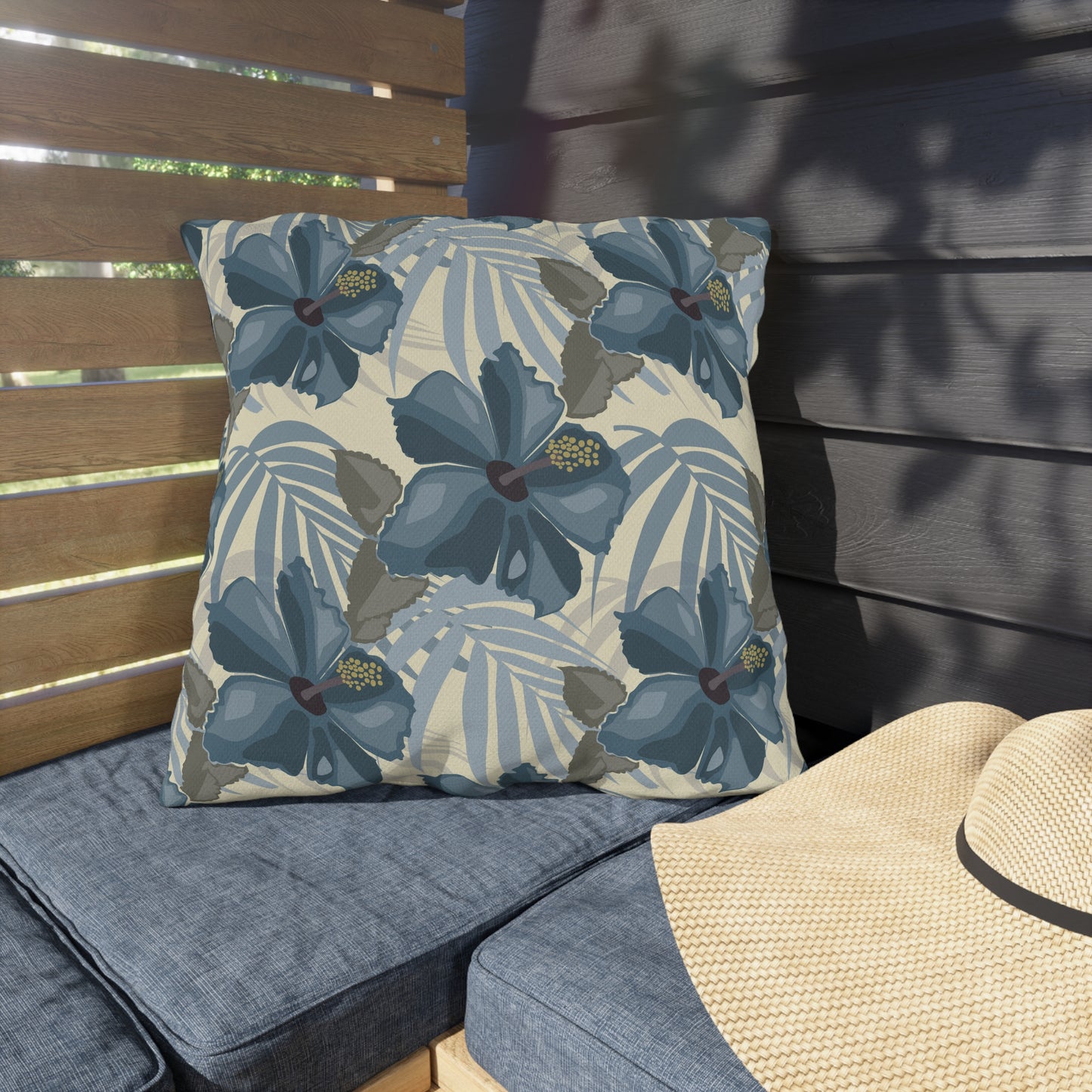 Blue Hibiscus in Earthtones Outdoor Pillows