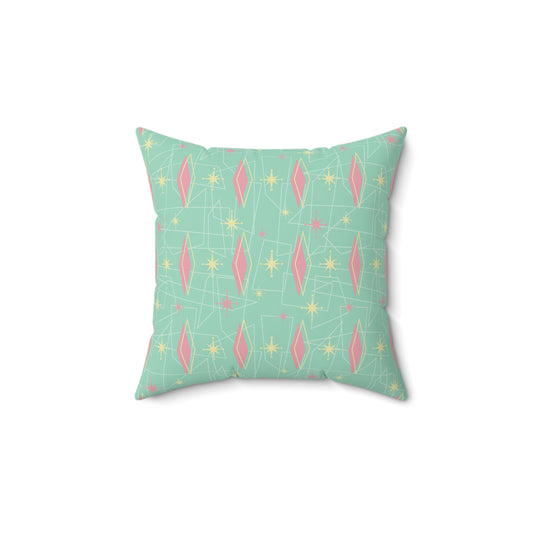 Mid-Century Modern Geometric Throw Pillow — Retro Mint & Pink Starburst Pattern