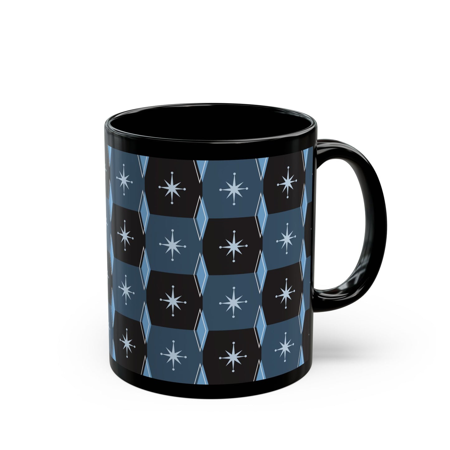 Retro Starburst Pattern Black Coffee Mug — Mid-Century Geometric 11oz/15oz