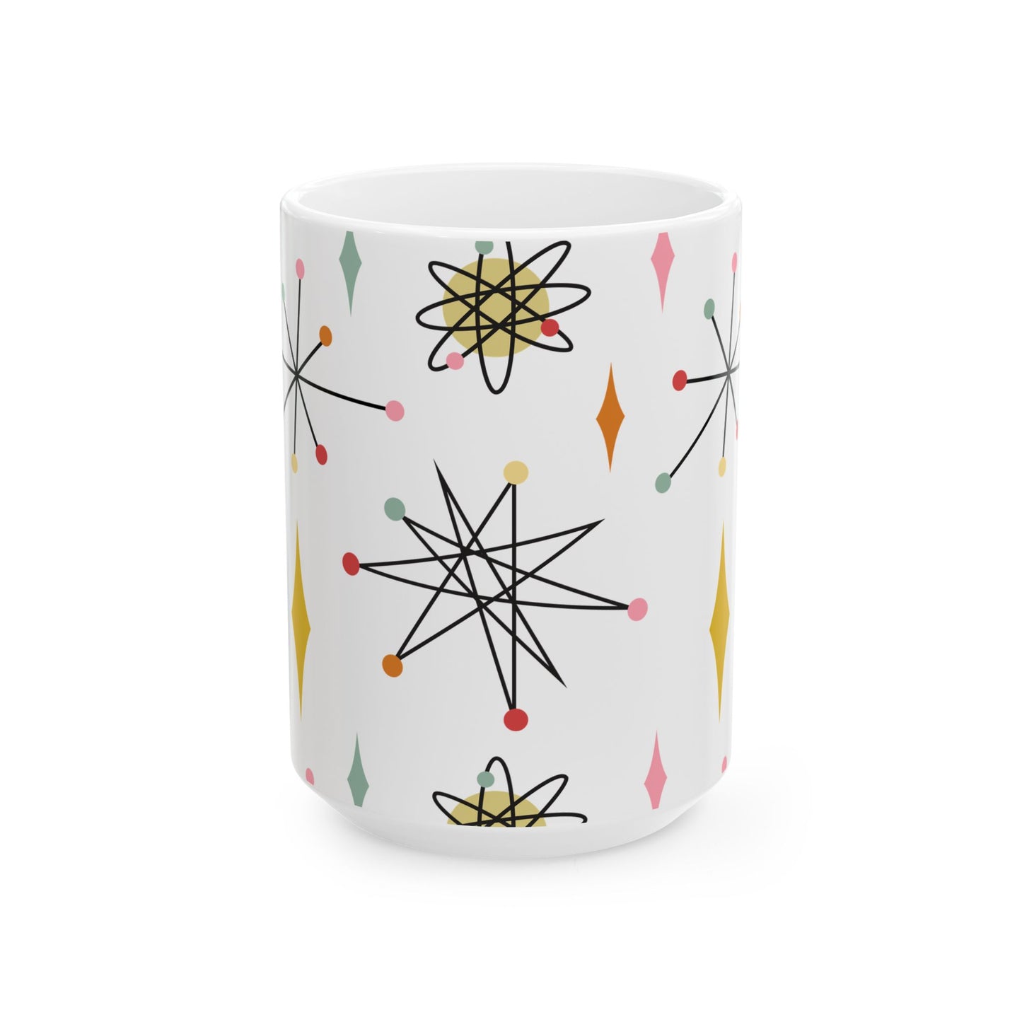 Mid-Century Atomic Pattern Ceramic Mug (11oz & 15oz) — Retro Starburst Coffee Cup