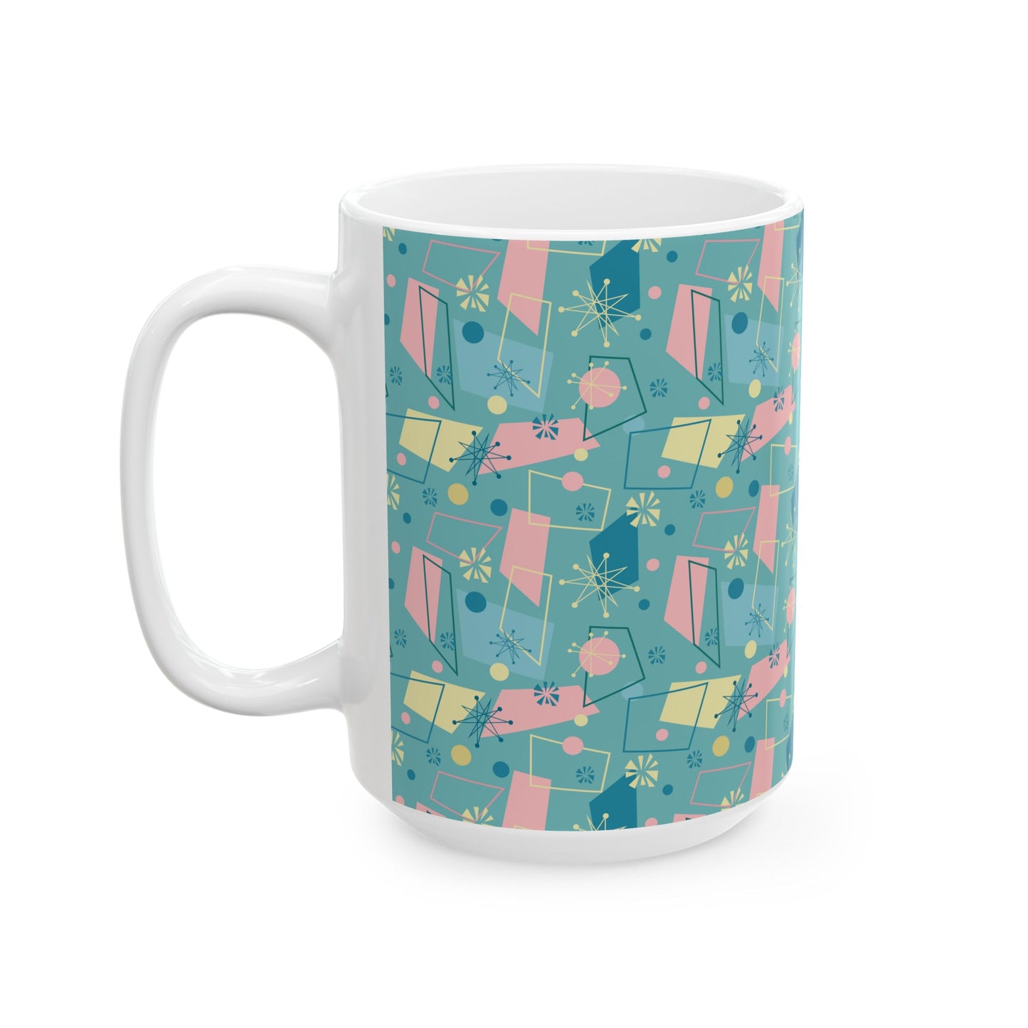 Mid-Century Modern Pattern Ceramic Mug — Retro Teal Atomic Design (11oz/15oz)
