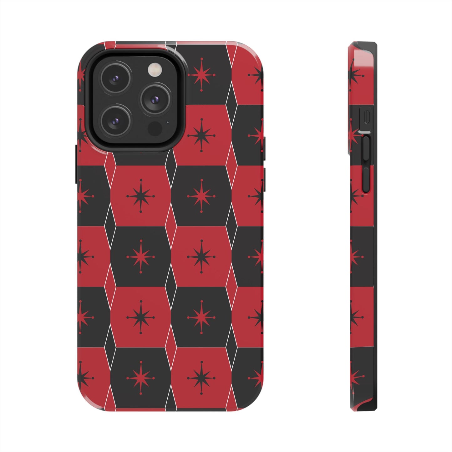 Square and Diamond Pattern in Red and Black Tough iPhone Case