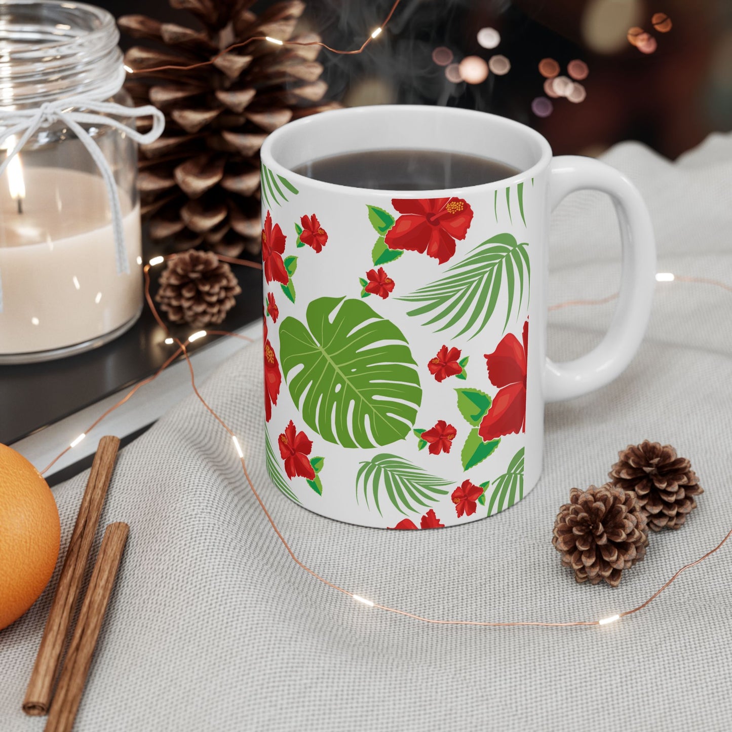 Tropical Hibiscus Mug — Floral Palm Leaf Coffee Cup (11oz/15oz)