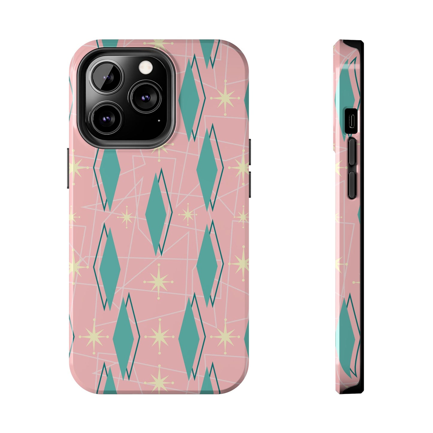 1950s Retro Star and Diamond Pattern in Pink and Green Tough iPhone Case