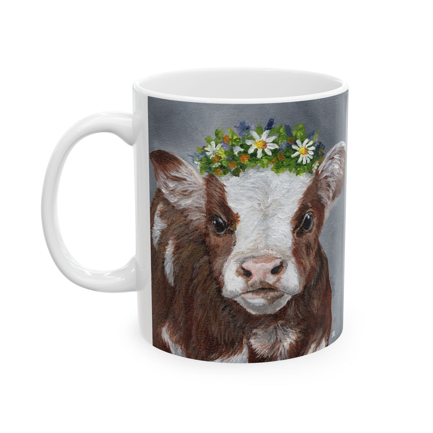 Cow with Daisy Crown Ceramic Mug — Cute Farm Animal Coffee Cup (11oz, 15oz)