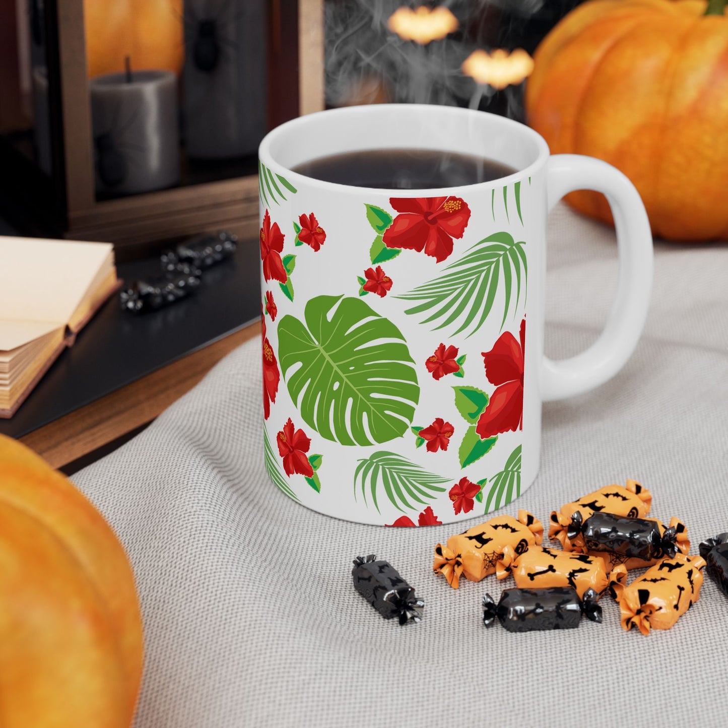 Tropical Hibiscus Mug — Floral Palm Leaf Coffee Cup (11oz/15oz)