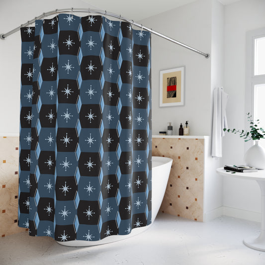 Mid-Century Starburst Shower Curtain — Retro Geometric Blue & Black Bathroom Decor