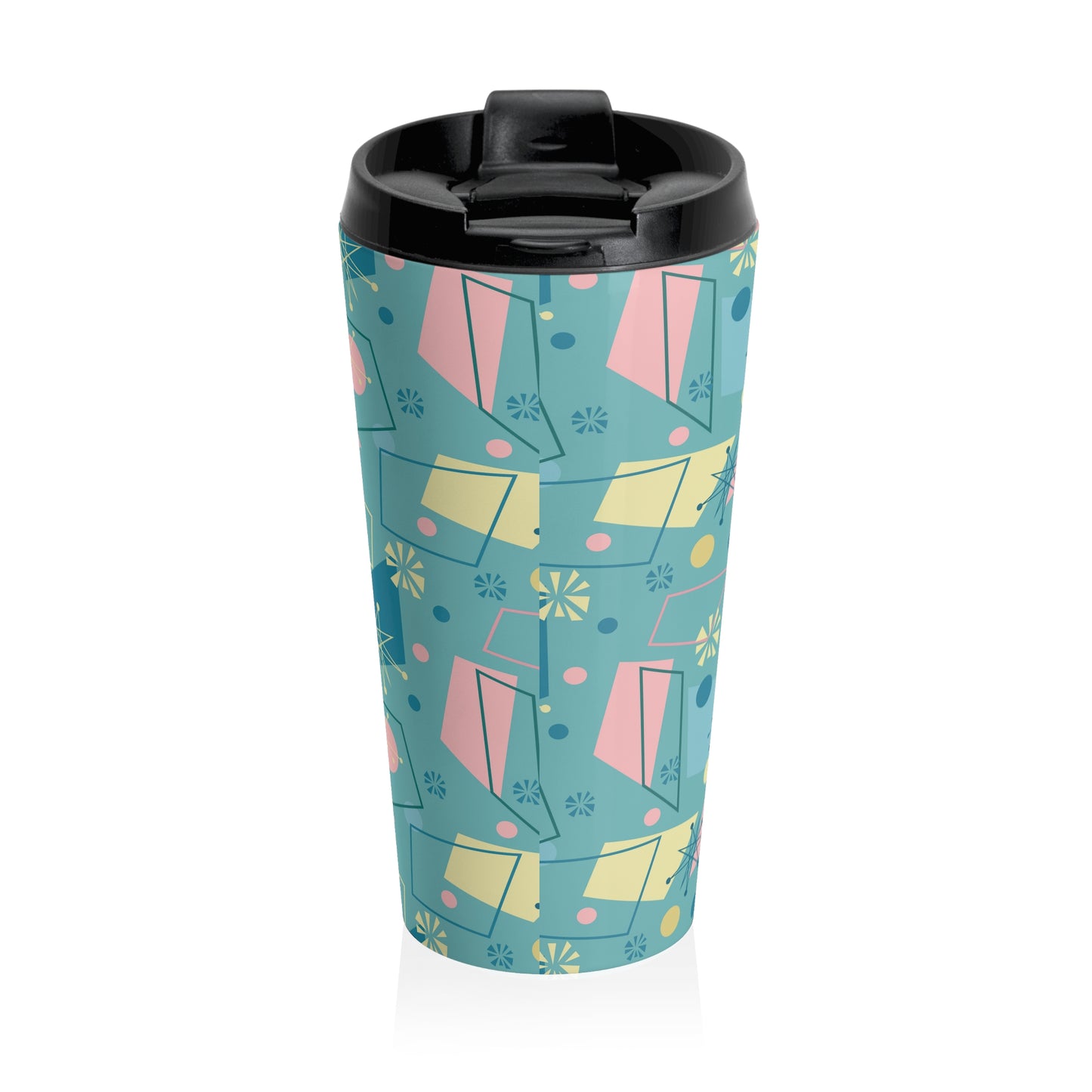 Retro Geometric Travel Mug — Teal Mid-Century Pattern