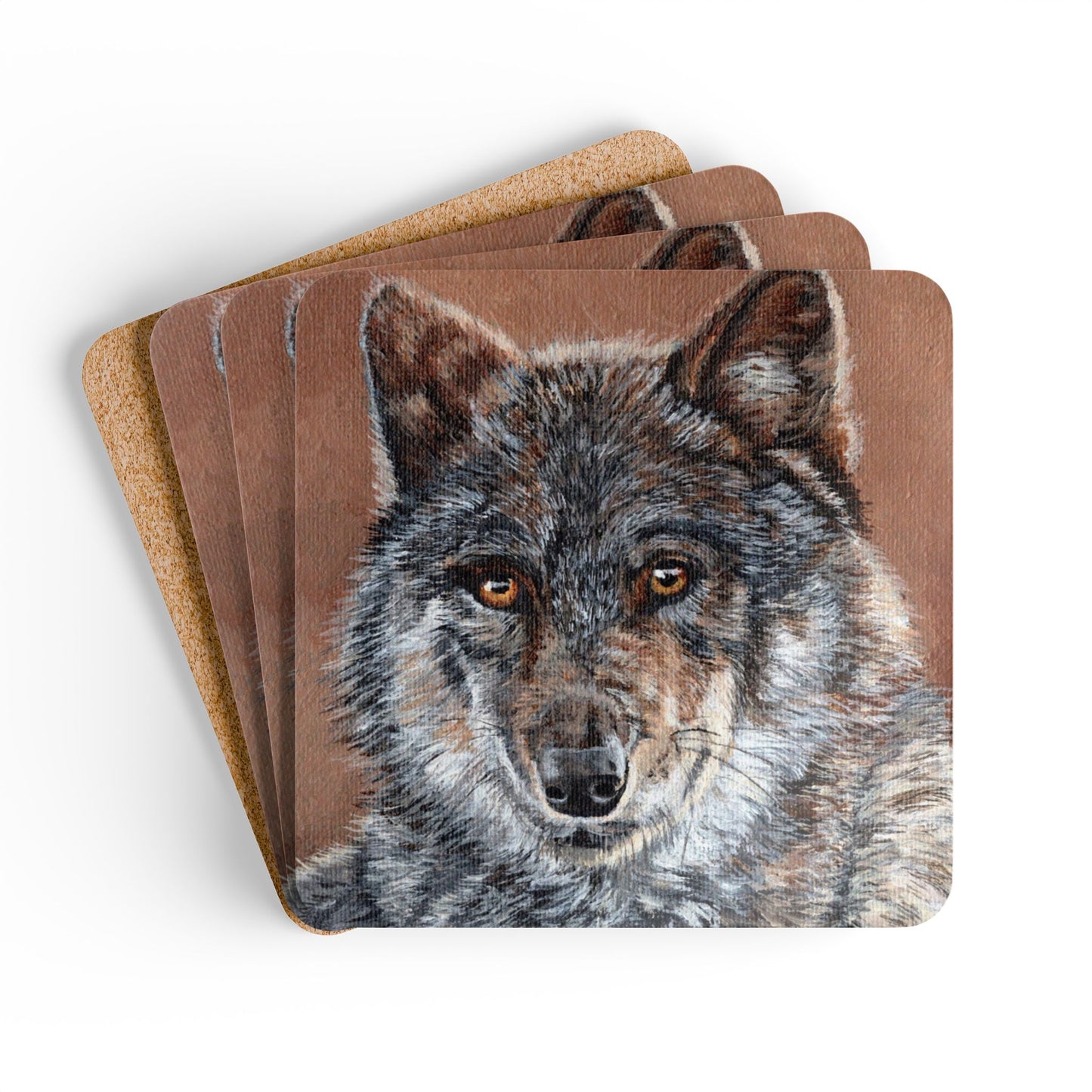 Wolf Portrait Cork Coaster Set — Rustic Wildlife Drink Coasters (4-Pack)