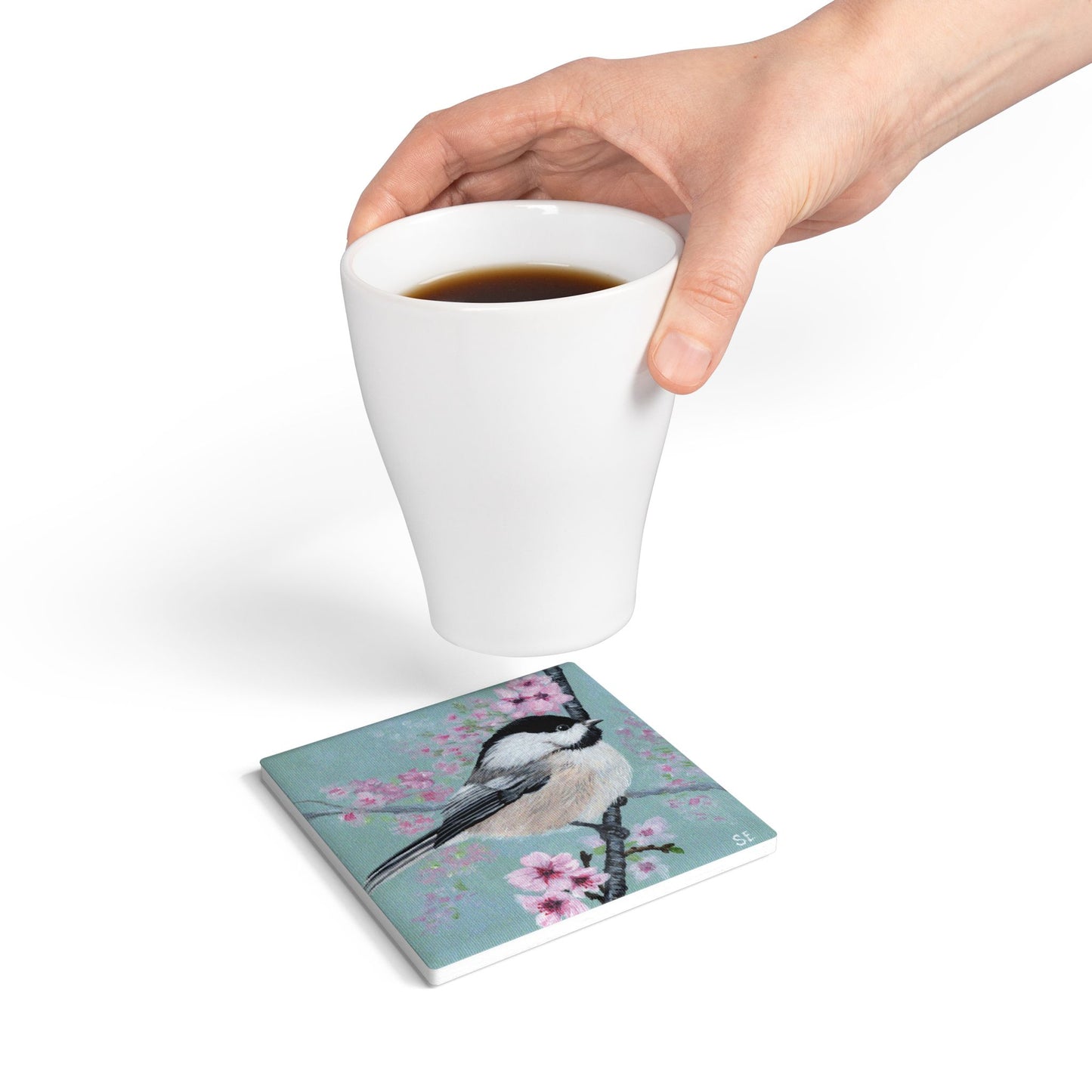 Chickadee & Cherry Blossom Ceramic Coaster — Spring Bird Drink Coaster