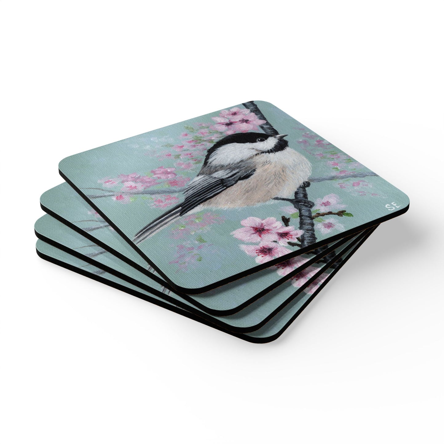 Bird & Cherry Blossom Cork Coaster Set — Chickadee Art Drink Coasters