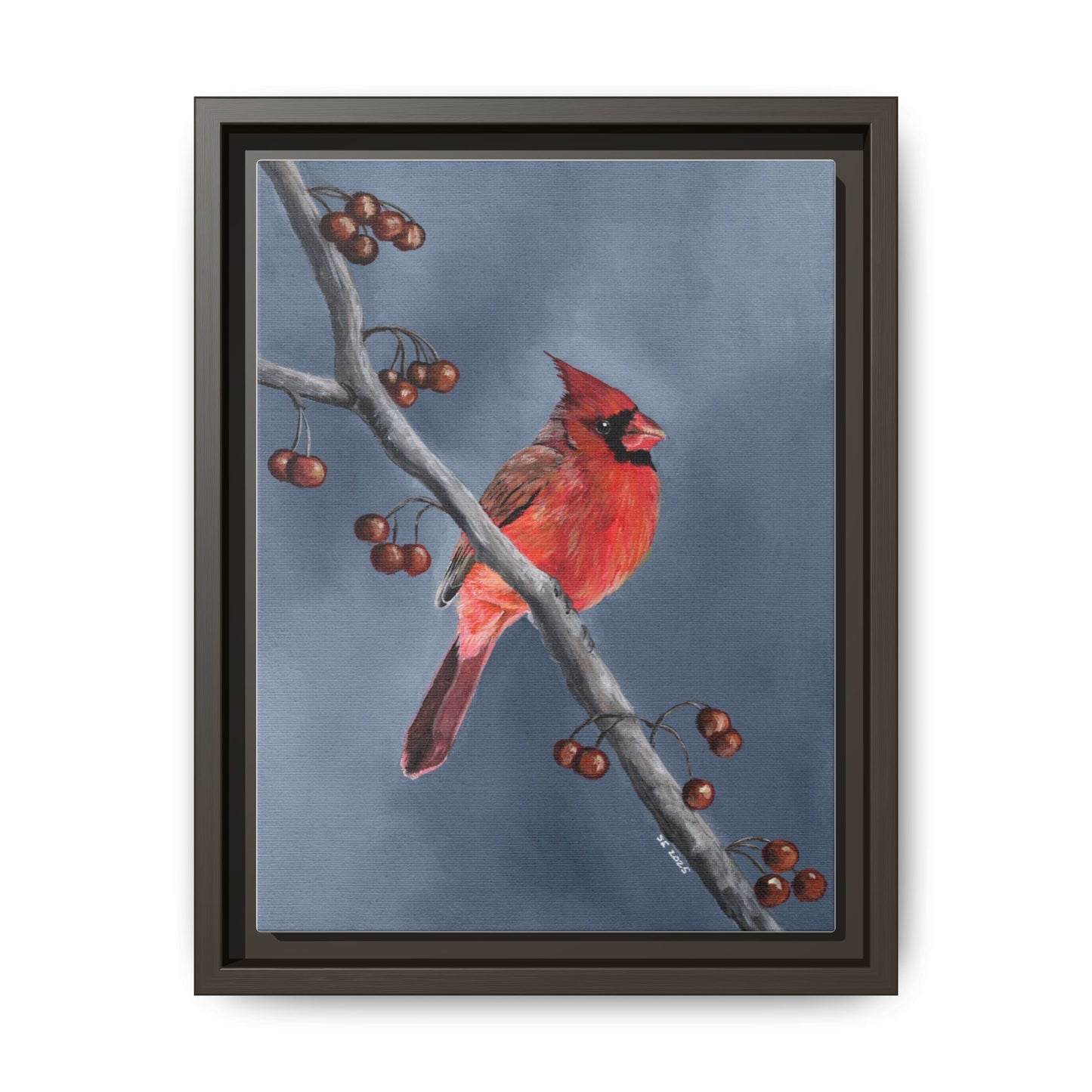 Framed Cardinal Canvas Art – Red Northern Cardinal on Winter Branch