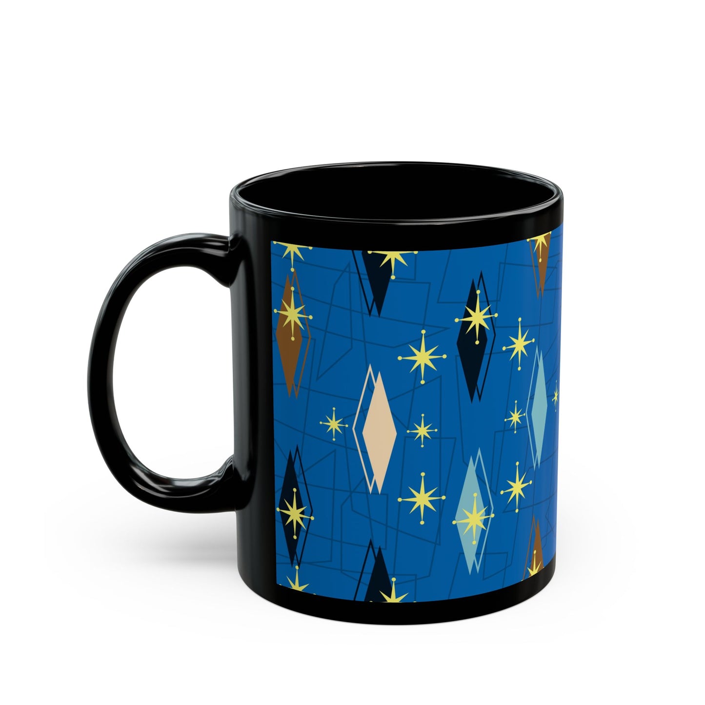 Retro Mid-Century Starburst Pattern Black Coffee Mug — Blue Geometric 11oz/15oz