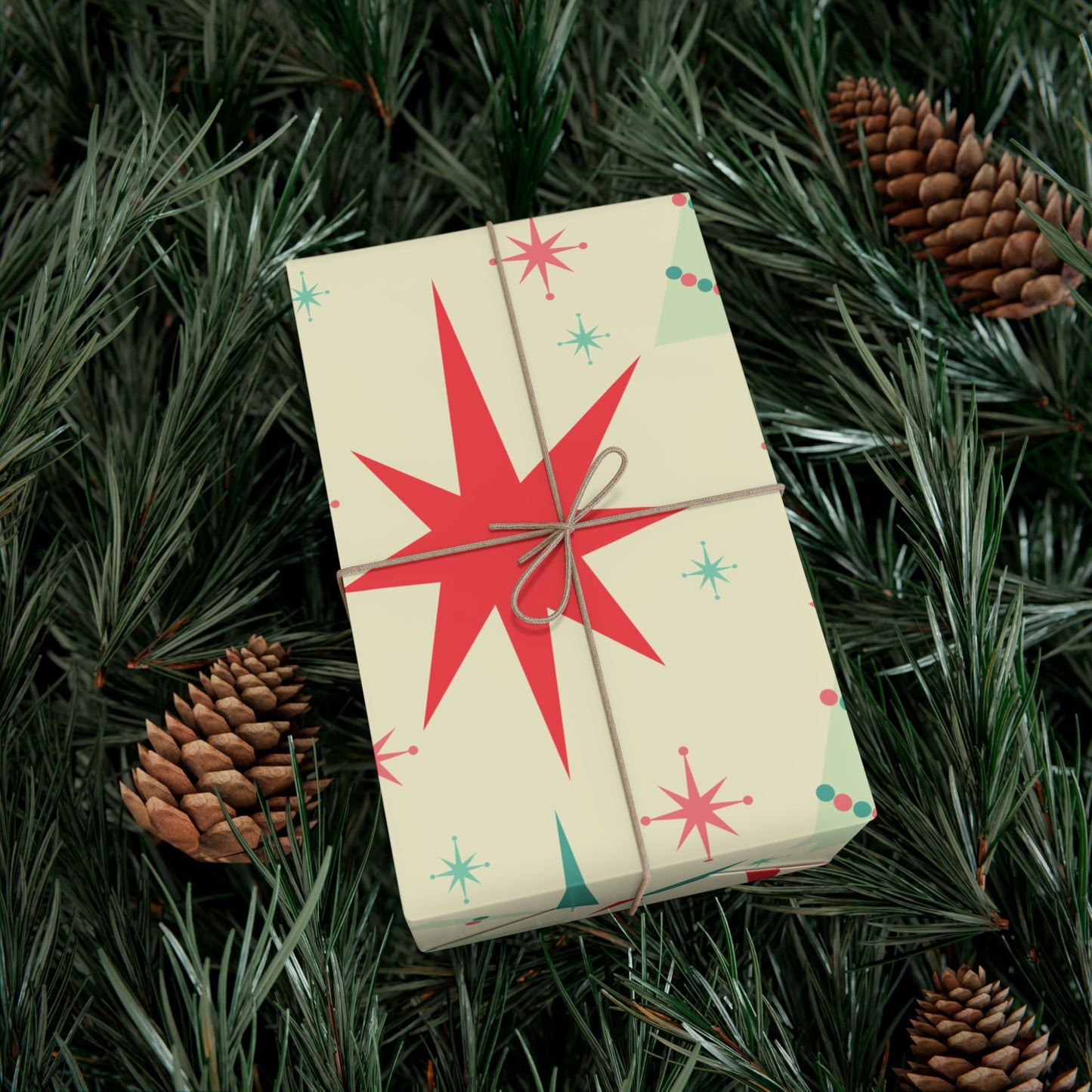 Retro Mid-Century Christmas Gift Wrap Paper – Starburst & Tree Pattern