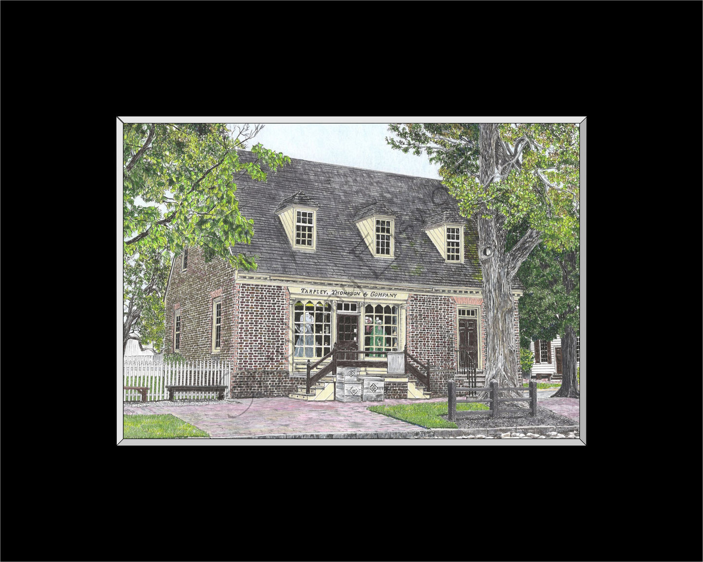 Colonial Williamsburg's Tarpley, Thompson and Company Store, Williamsburg, Virginia Original 11 x 14 Pen and Ink/Colored Pencil Drawing in 16 x 20 inch Black Mat