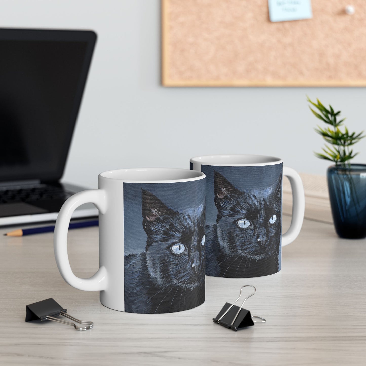 Black Cat Portrait Mug — Ceramic Coffee Cup with Moody Blue Background (11oz, 15oz)