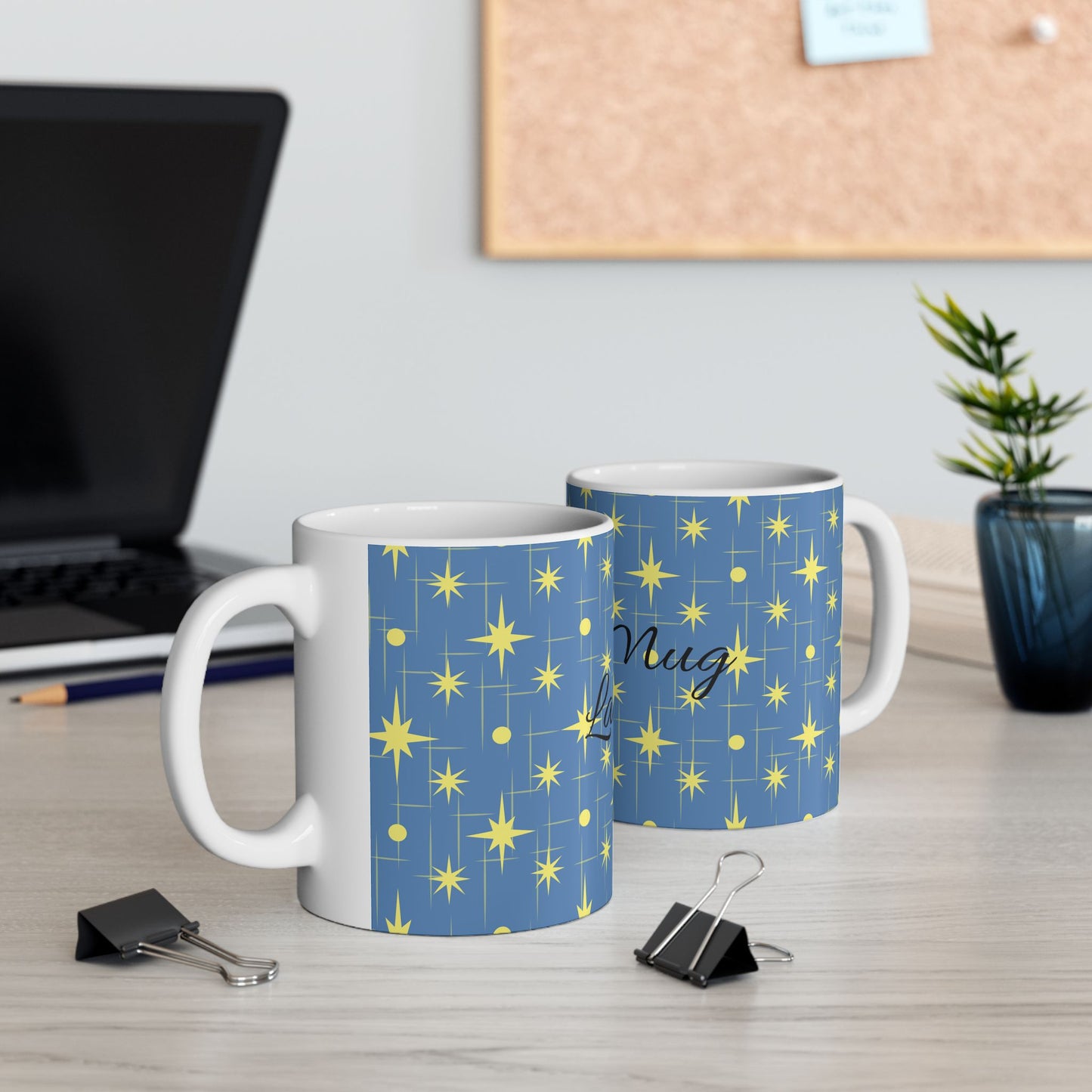 Retro Star Pattern Ceramic Mug — Blue & Yellow 11oz/15oz