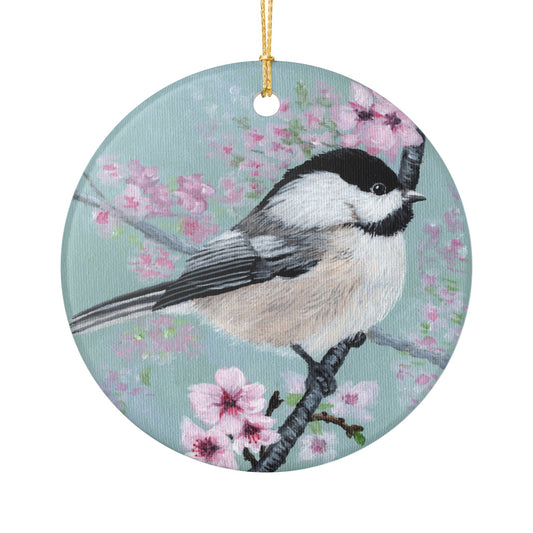 Chickadee Ceramic Ornament – Spring Blossom Bird Hanging Decoration