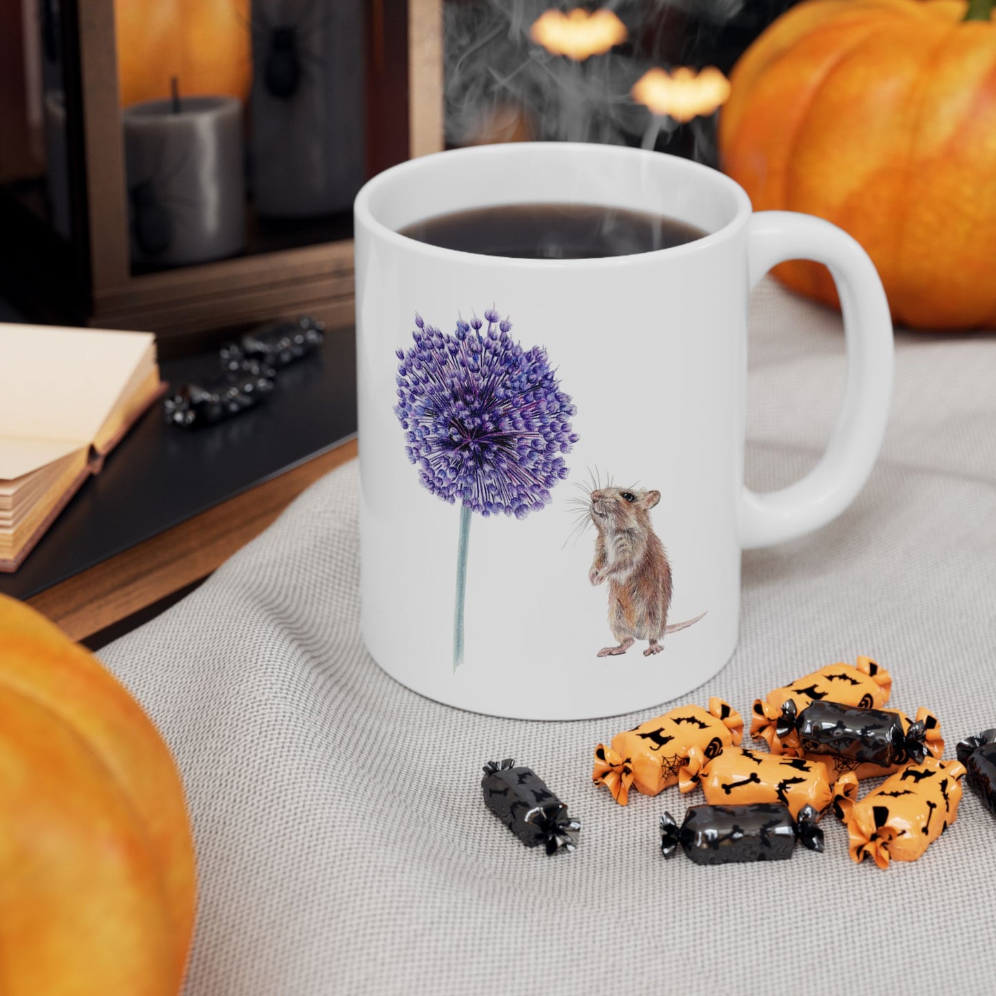 Yorktown Onion (Allium) and Mouse Ceramic Mug — Cute Floral Coffee Cup (11oz, 15oz)