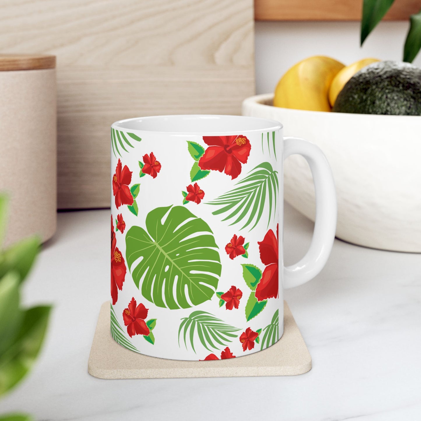 Tropical Hibiscus Mug — Floral Palm Leaf Coffee Cup (11oz/15oz)