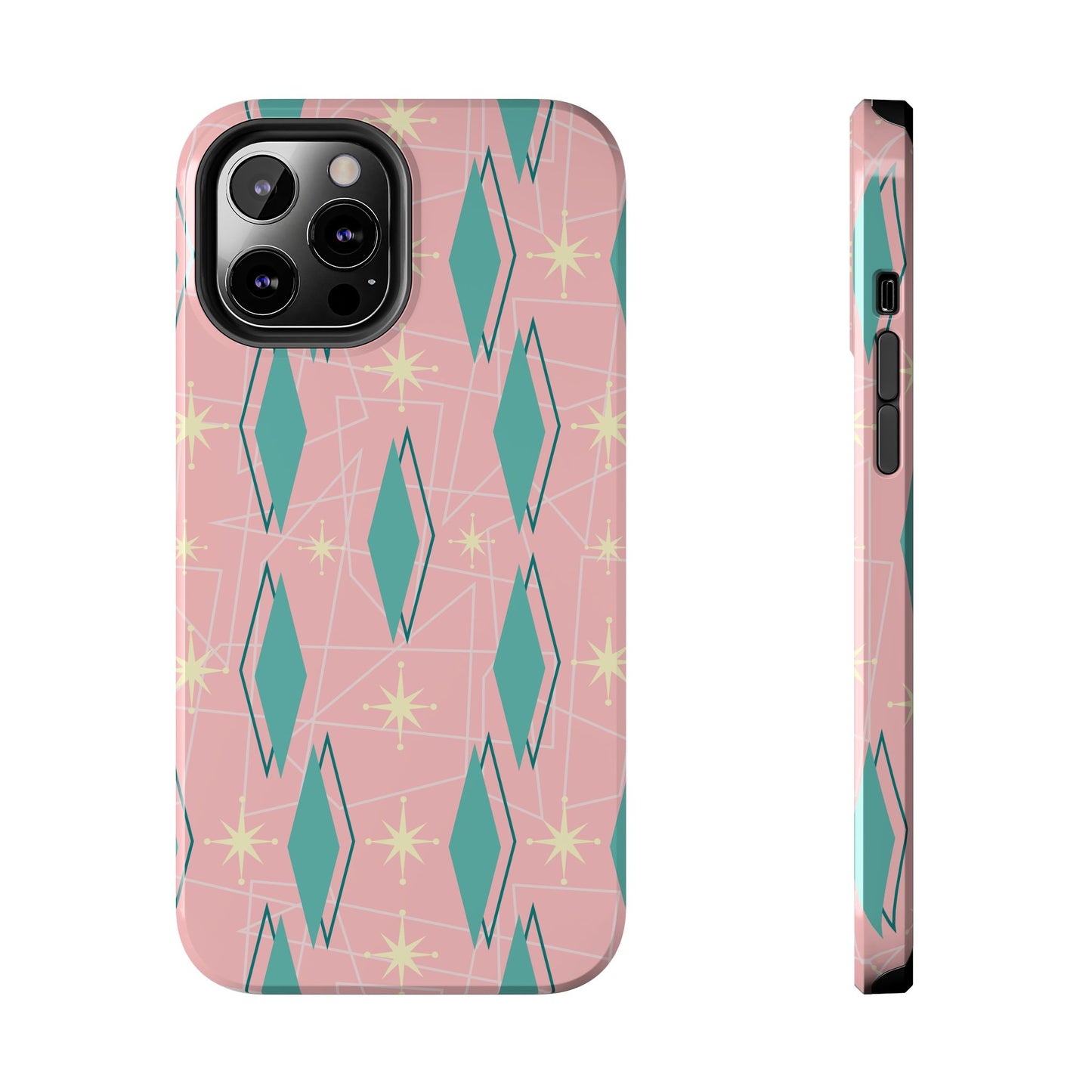 1950s Retro Star and Diamond Pattern in Pink and Green Tough iPhone Case