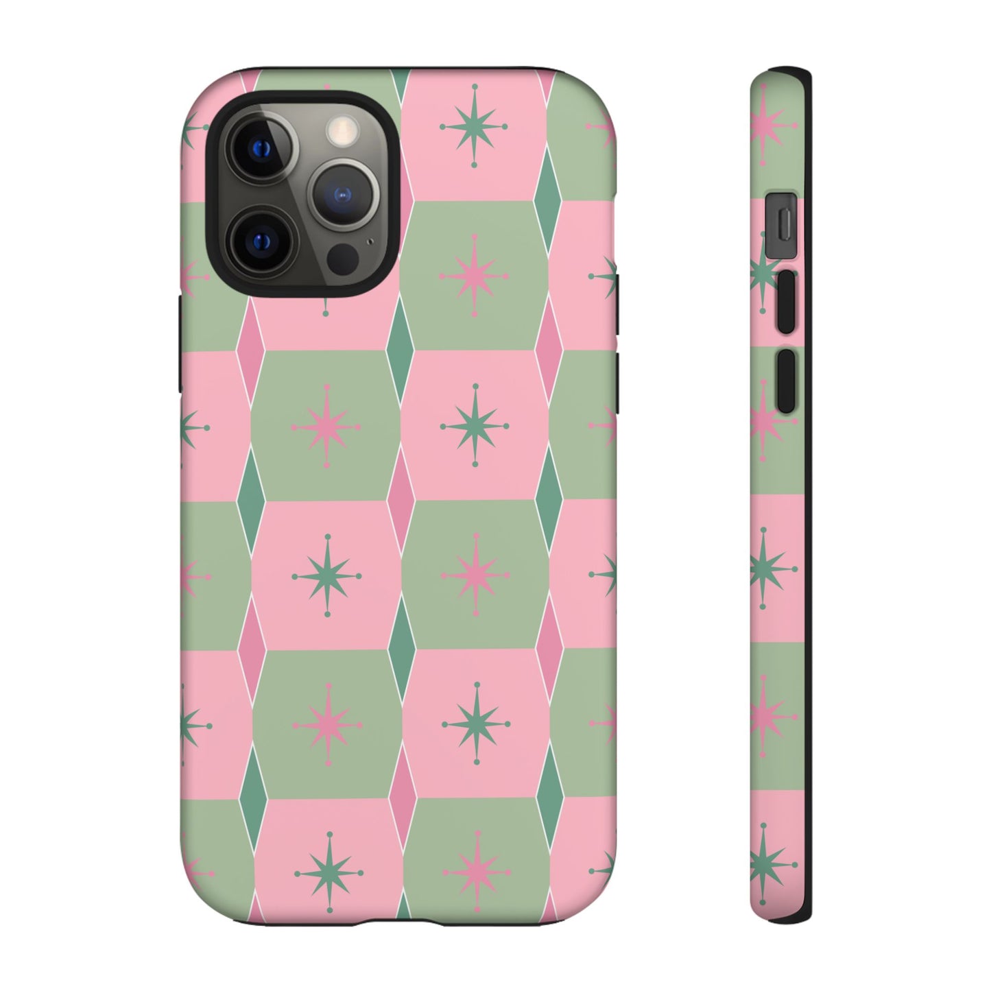 1950s Retro Square and Diamond Pattern in Pink and Green Tough Cases