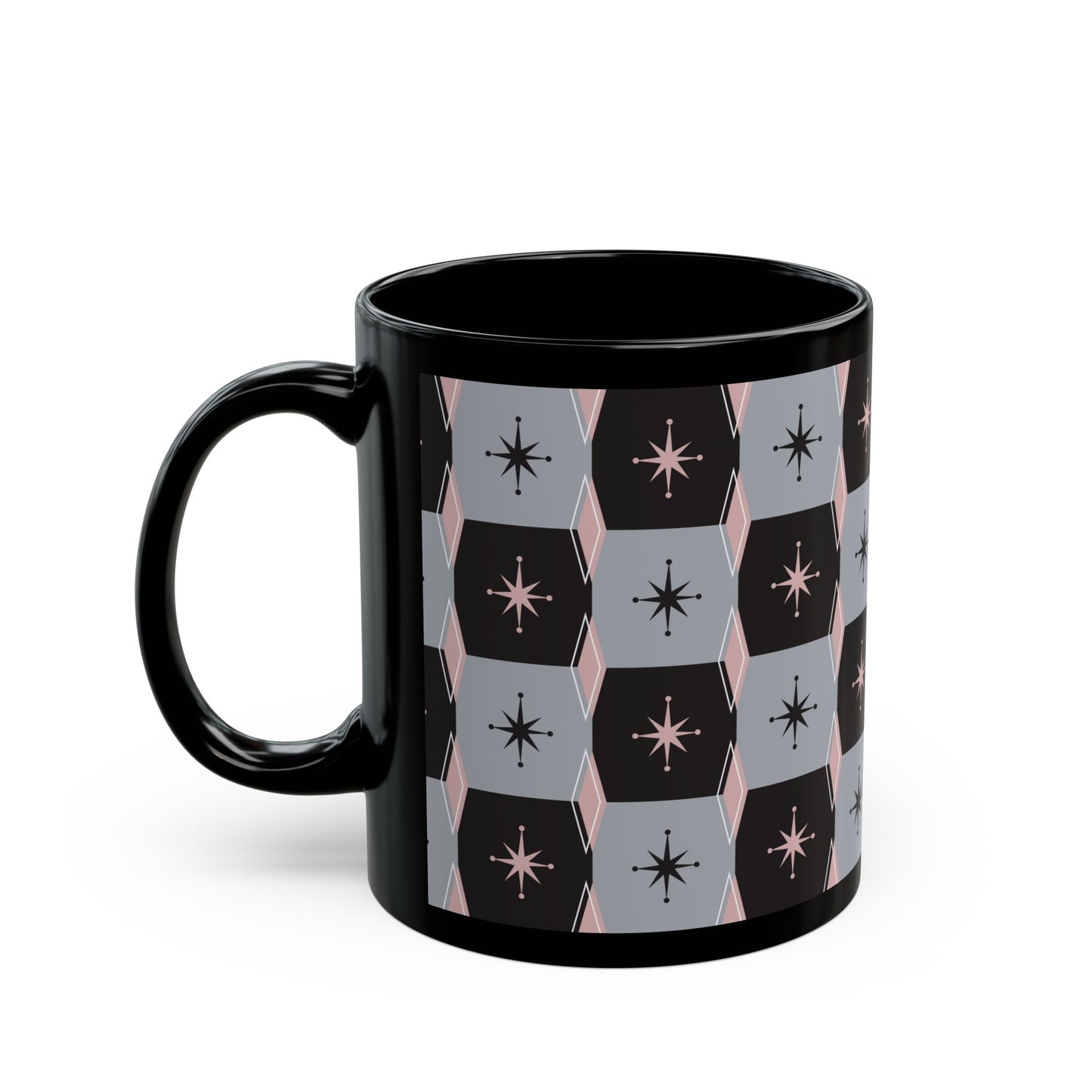 Retro Starburst Black Mug — Mid-Century Geometric Coffee Cup (11oz/15oz)