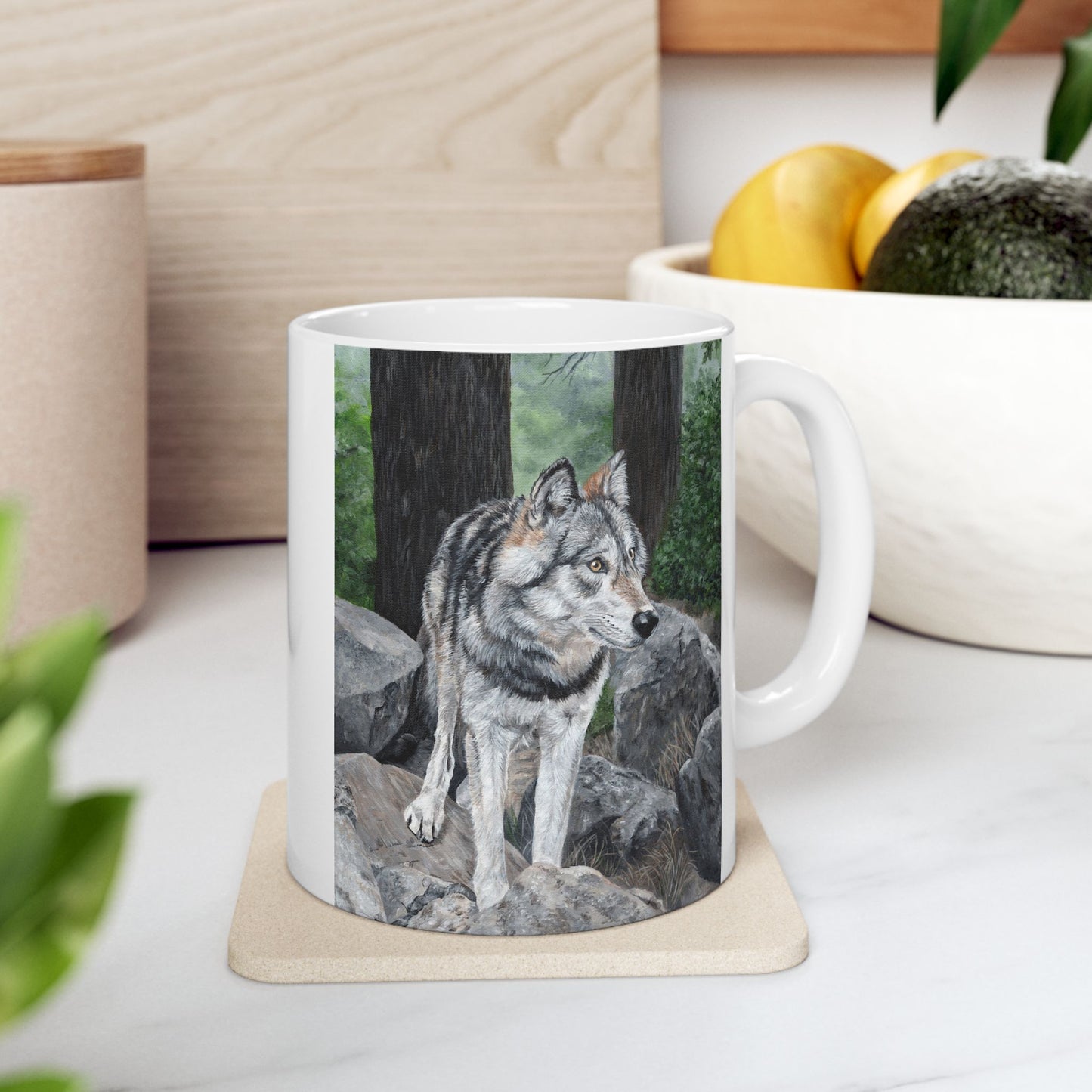Wolf in the Woods Ceramic Mug — Rustic Nature Coffee Cup (11oz/15oz)