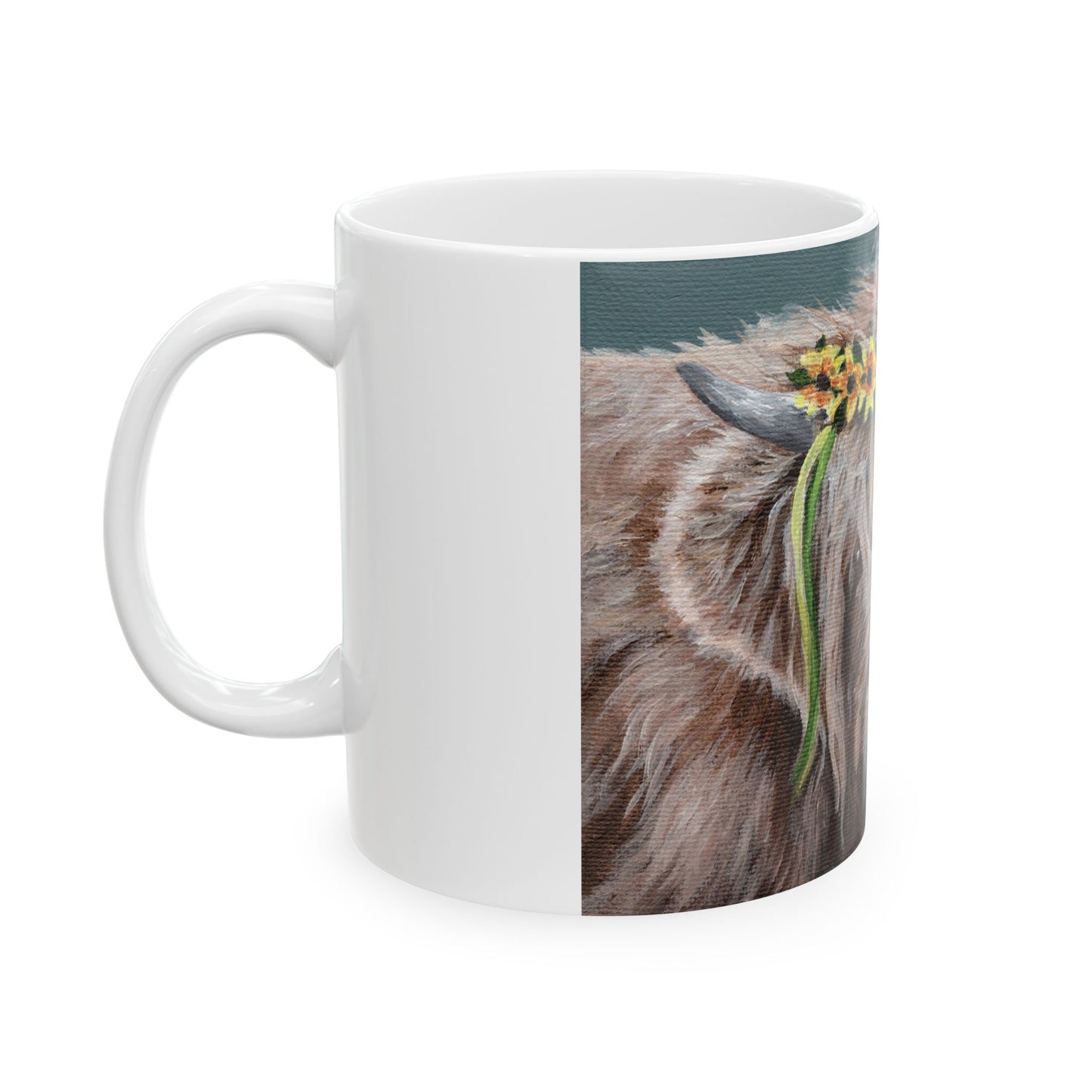 Highland Cow Mug with Sunflower Crown — Ceramic Coffee Cup (11oz, 15oz)
