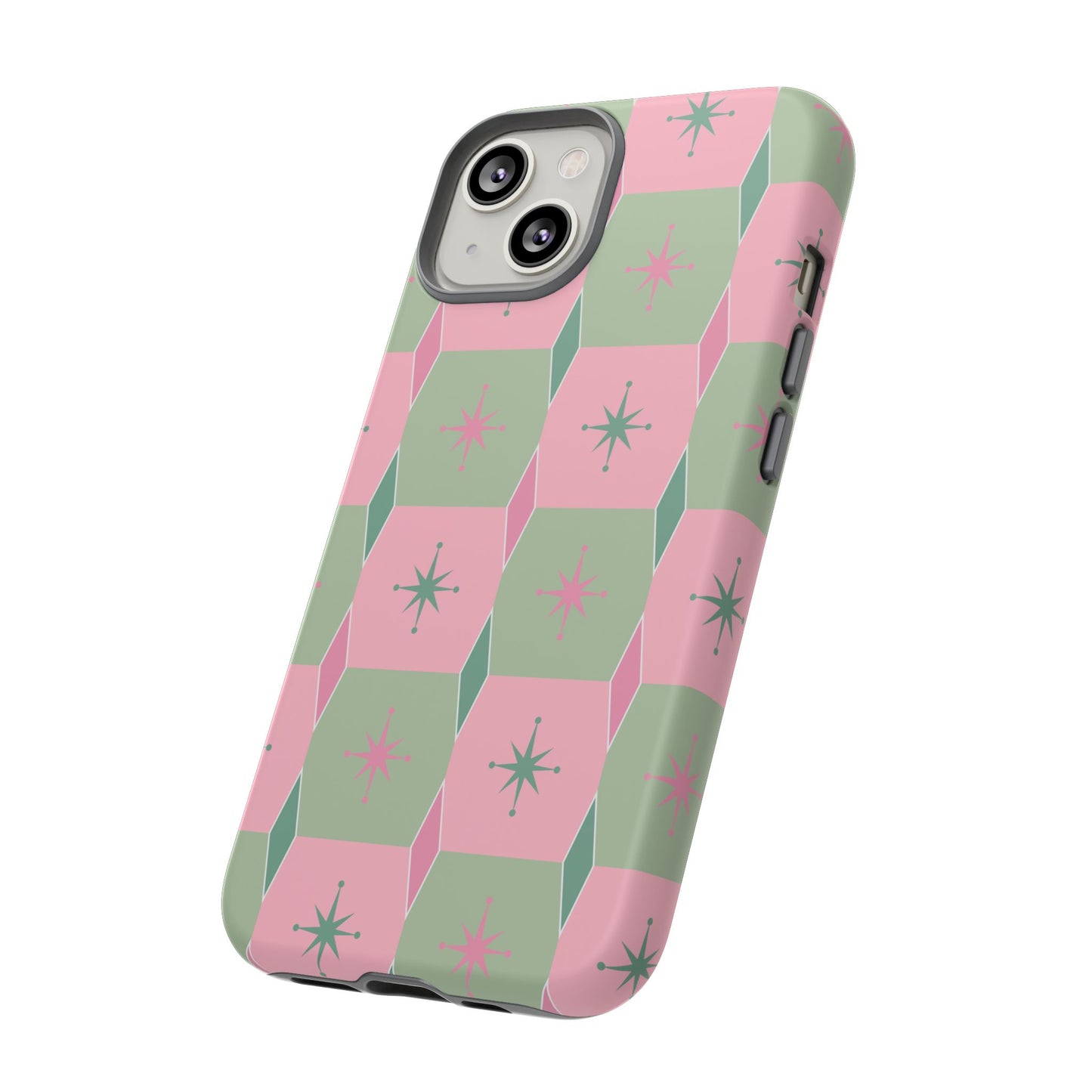 1950s Retro Square and Diamond Pattern in Pink and Green Tough Cases