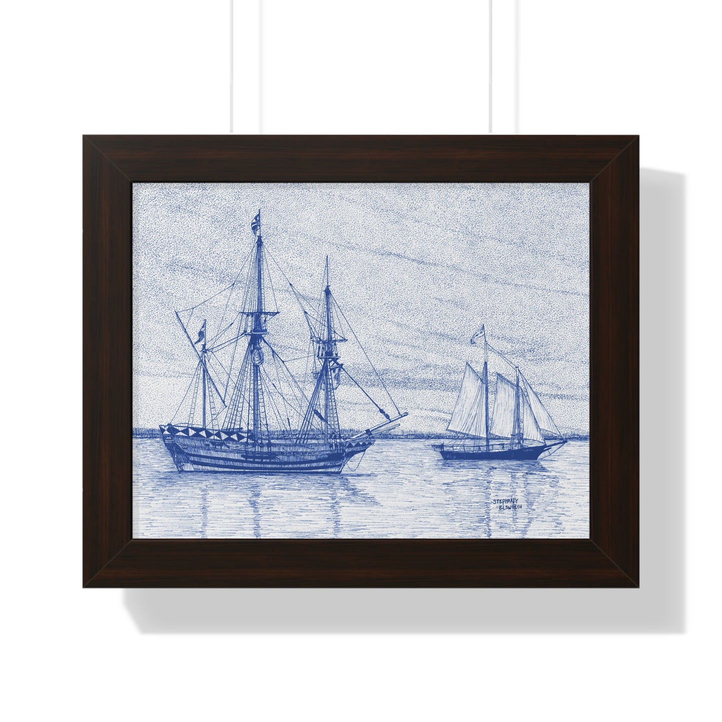 Framed Poster — Vintage Blue Nautical Ship Sketch