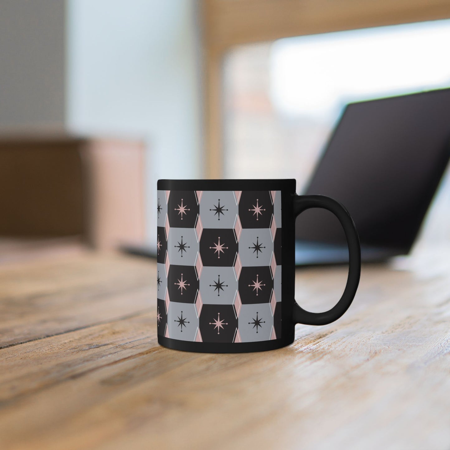 Retro Starburst Black Mug — Mid-Century Geometric Coffee Cup (11oz/15oz)