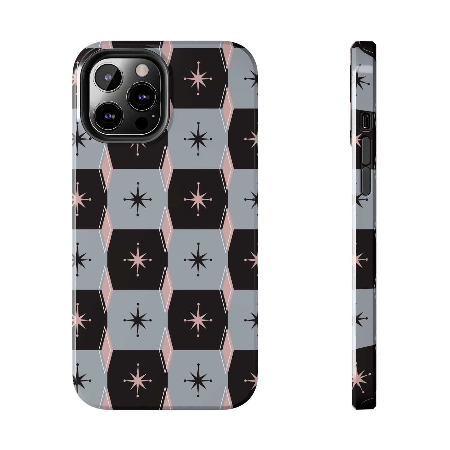 Diamond and Square Pattern in Pink, Black and Gray Tough iPhone Cases