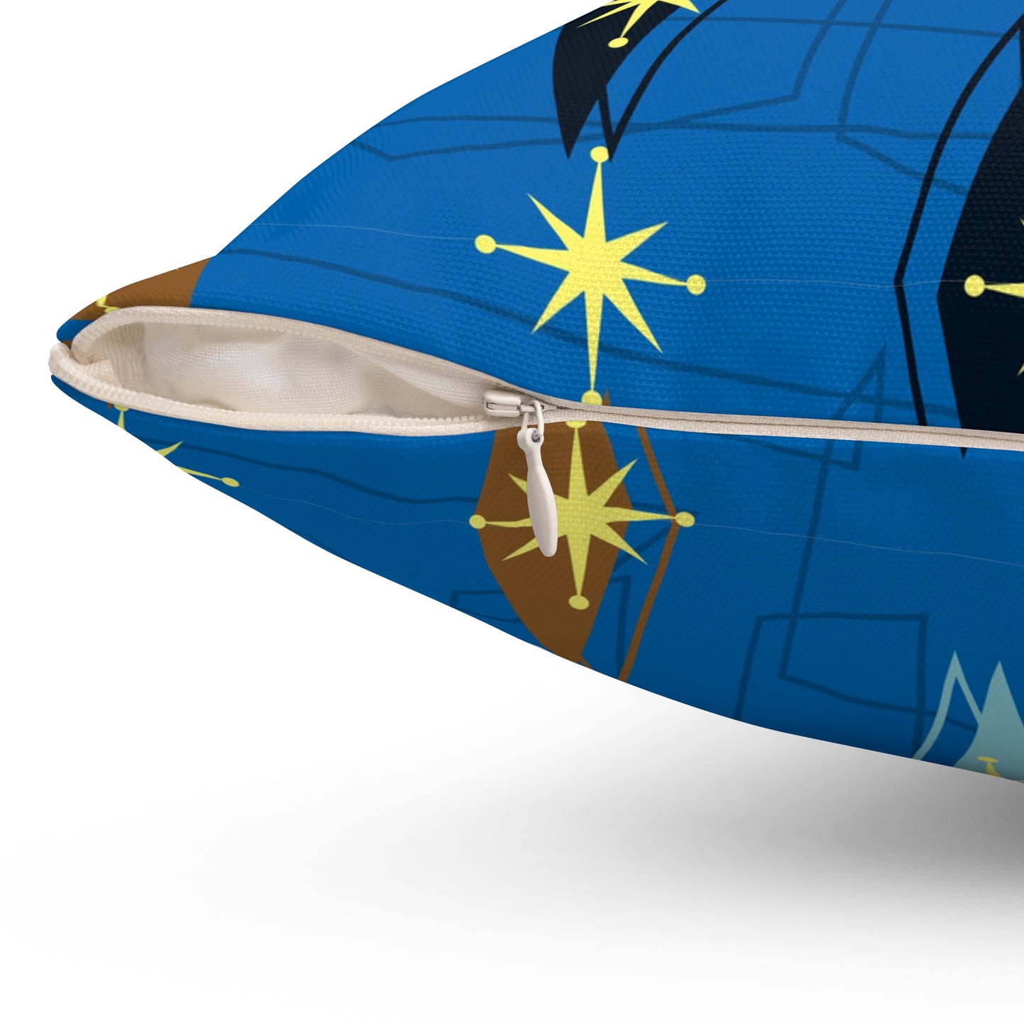 Mid-Century Starburst Decorative Pillow — Retro Blue Geometric Accent