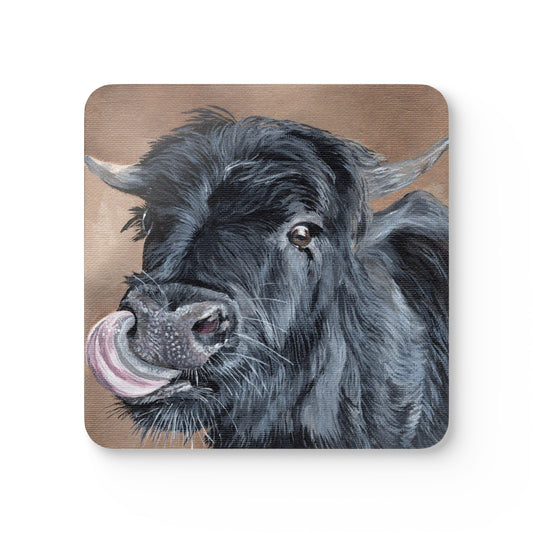 Highland Cow Cork Coaster Set – Cute Licking Cow Drink Coasters (4-Pack)