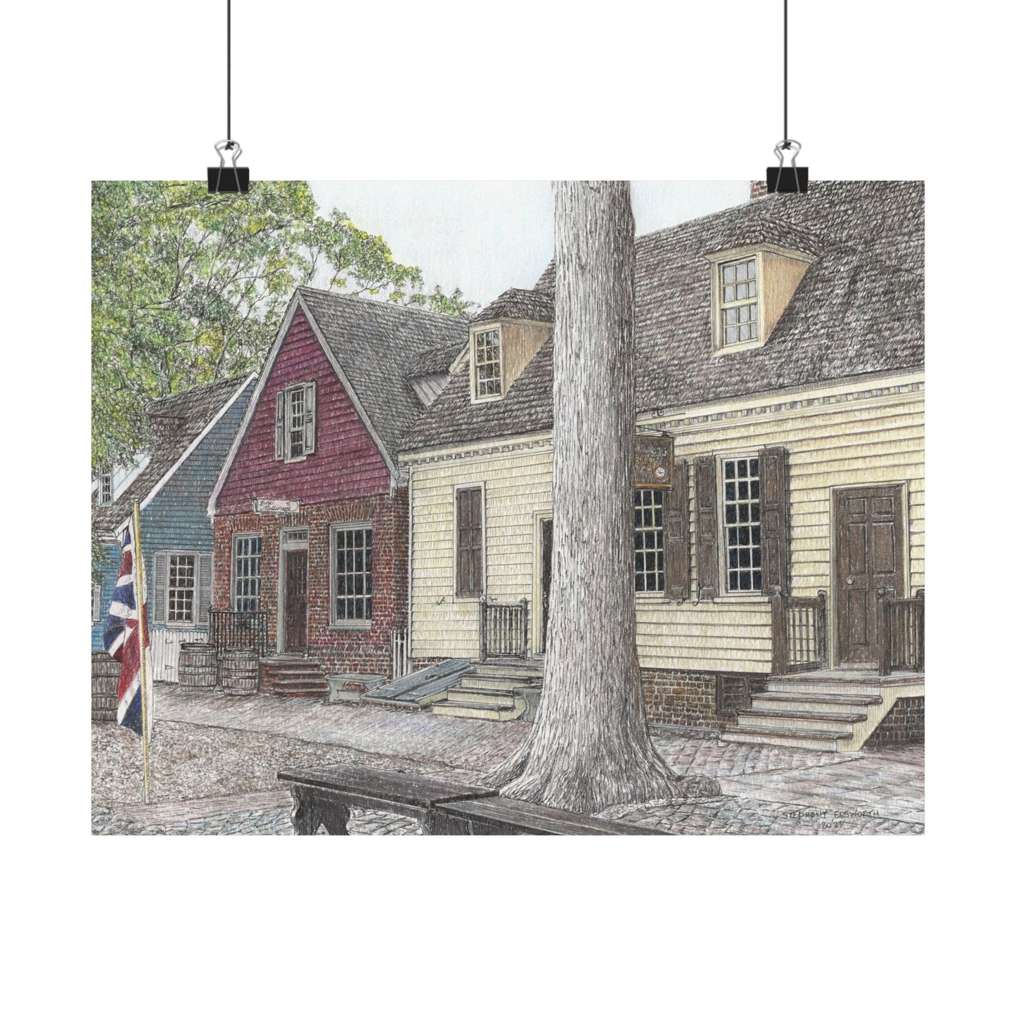 Colonial Williamsburg Street Scene Matte Poster – Historic Waterfront Houses Wall Art