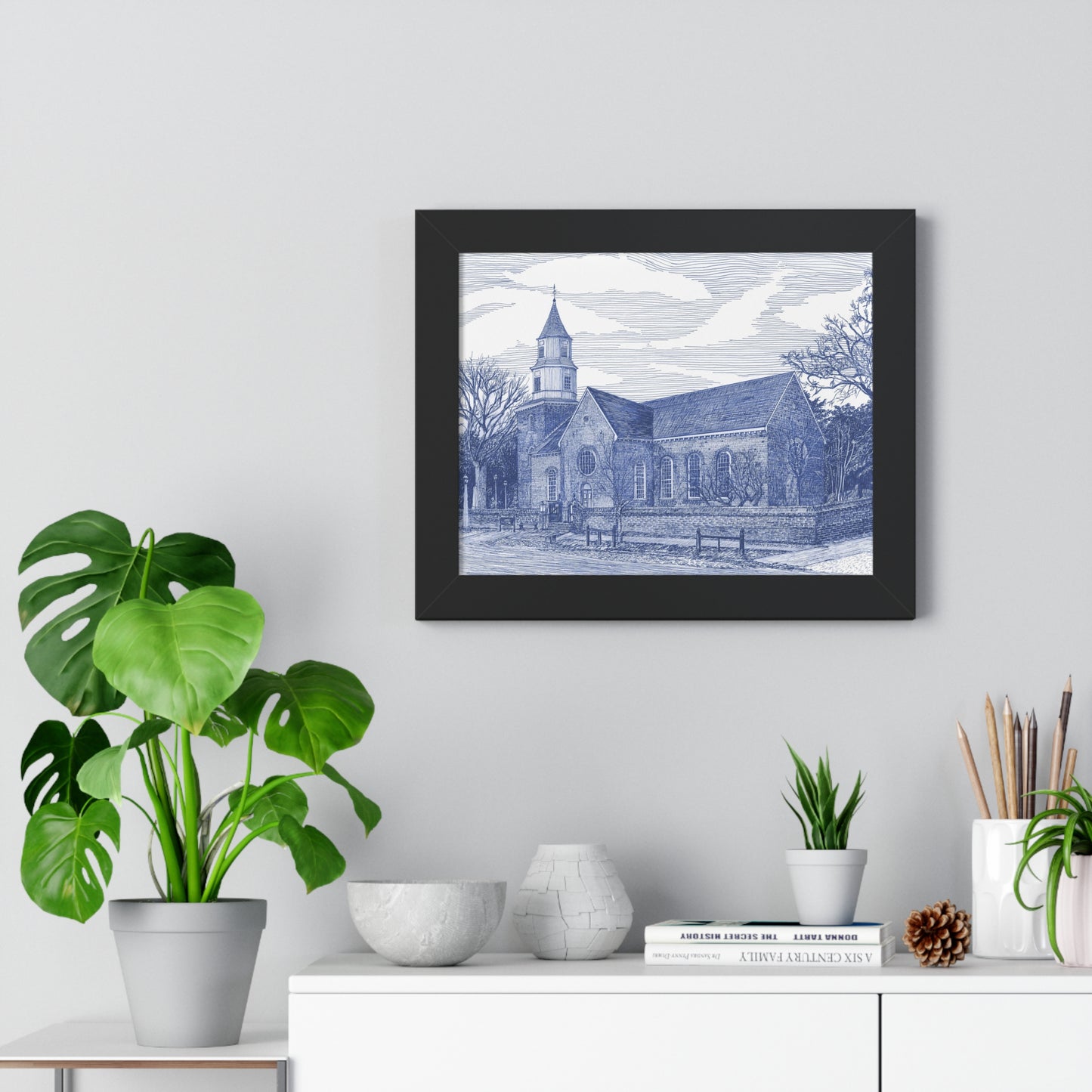 Colonial Williamsburg's Bruton Parish Church in Blue Framed Poster — Blue Architectural Print for Home & Office