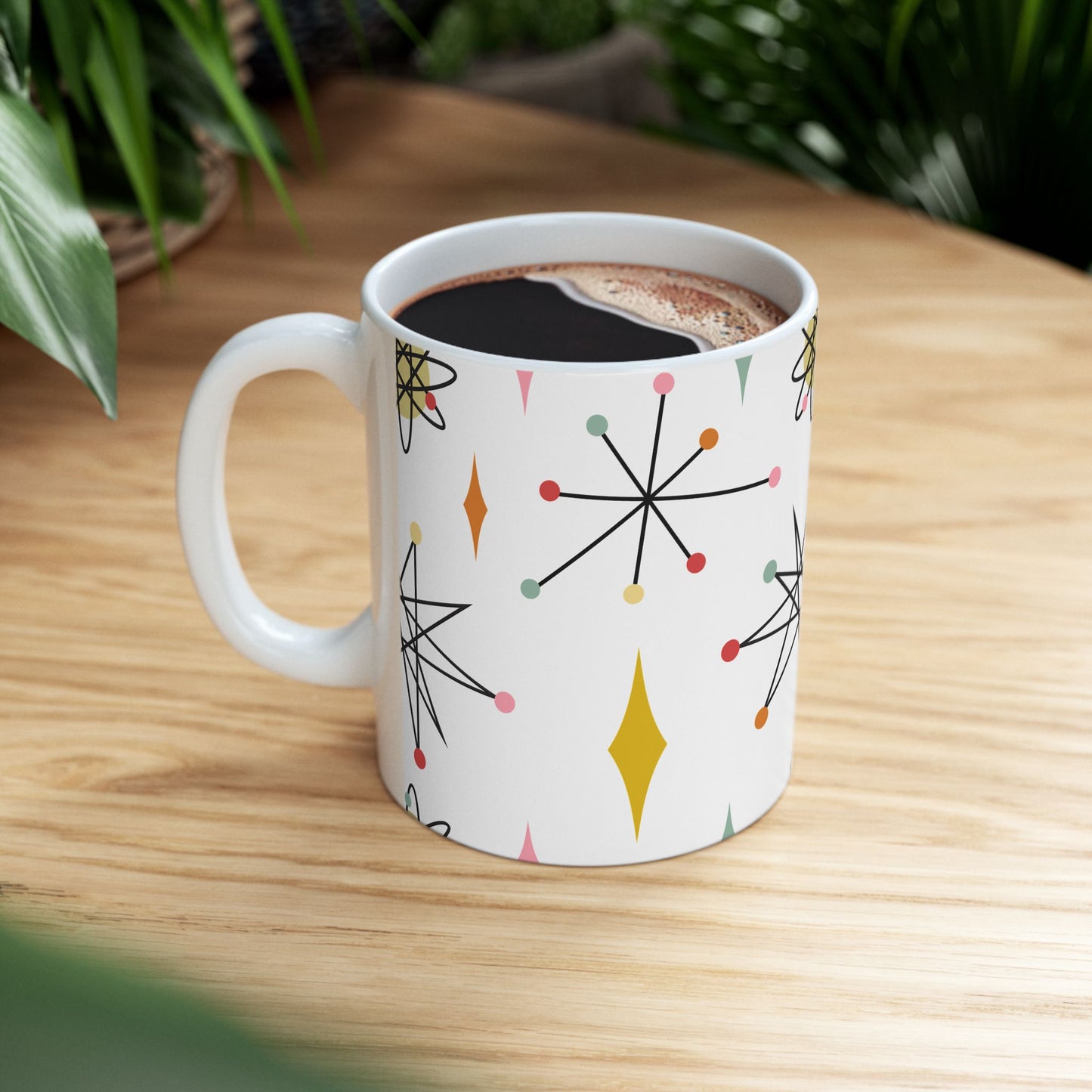 Mid-Century Atomic Pattern Ceramic Mug (11oz & 15oz) — Retro Starburst Coffee Cup
