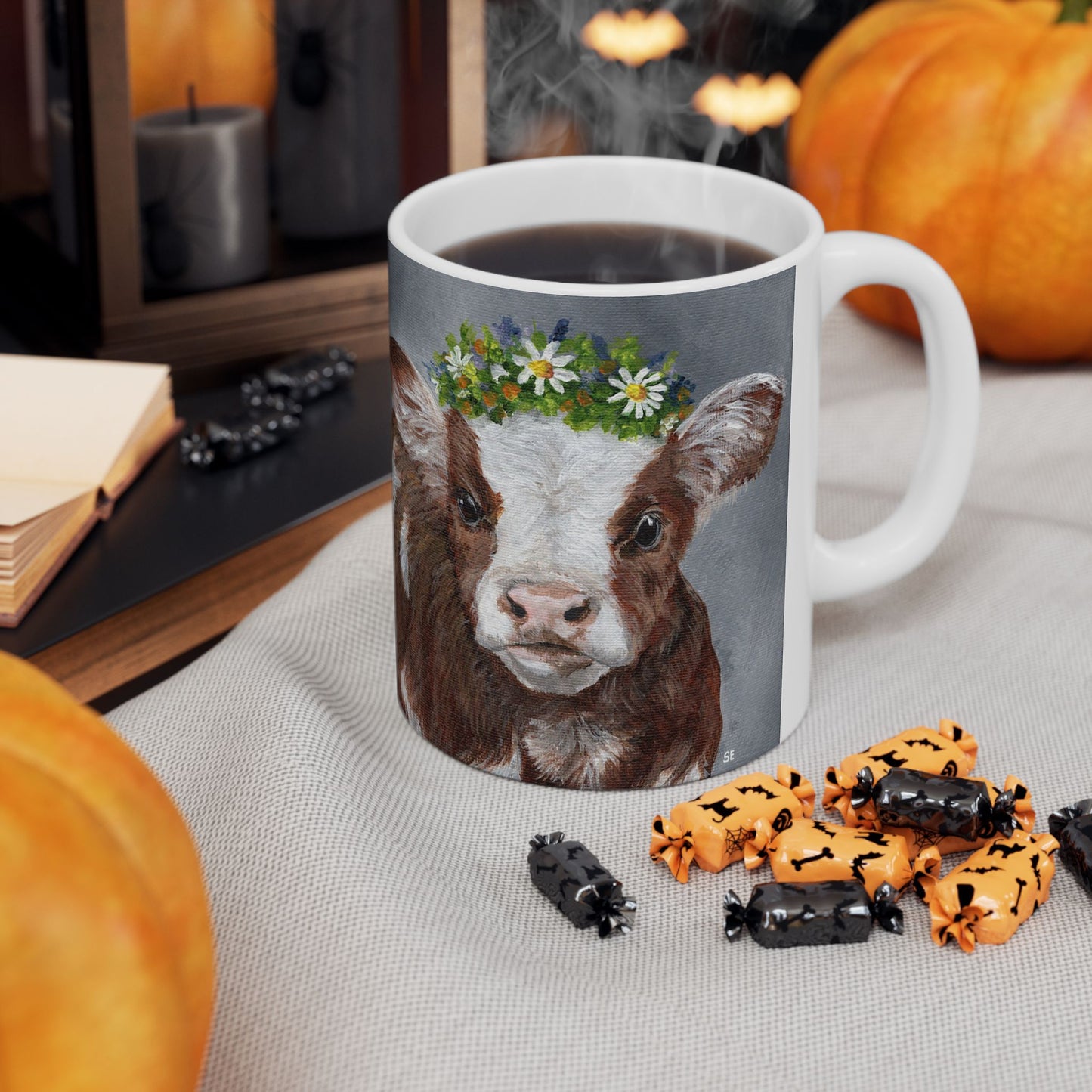 Cow with Daisy Crown Ceramic Mug — Cute Farm Animal Coffee Cup (11oz, 15oz)