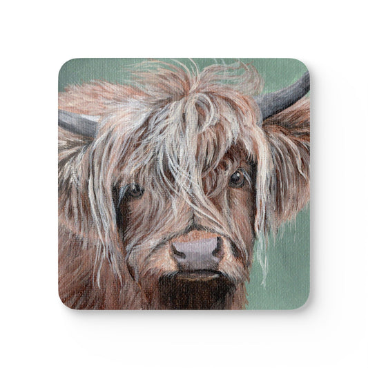 Highland Cow Cork Coaster Set — Rustic Farmhouse Drink Coasters (4-Pack)