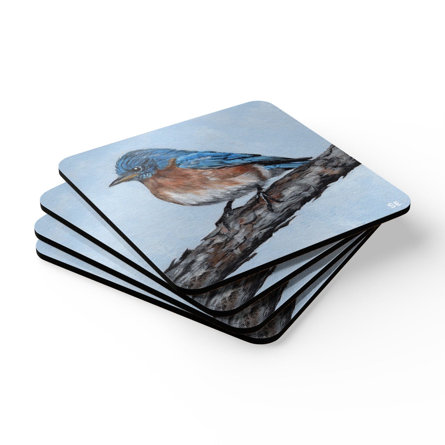 Bluebird Cork Coaster Set — Hand-Painted Bird Art Drink Coasters (4-Pack)
