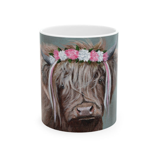 Highland Cow Ceramic Mug with Floral Crown – Cute Farmhouse Coffee Cup (11oz & 15oz)