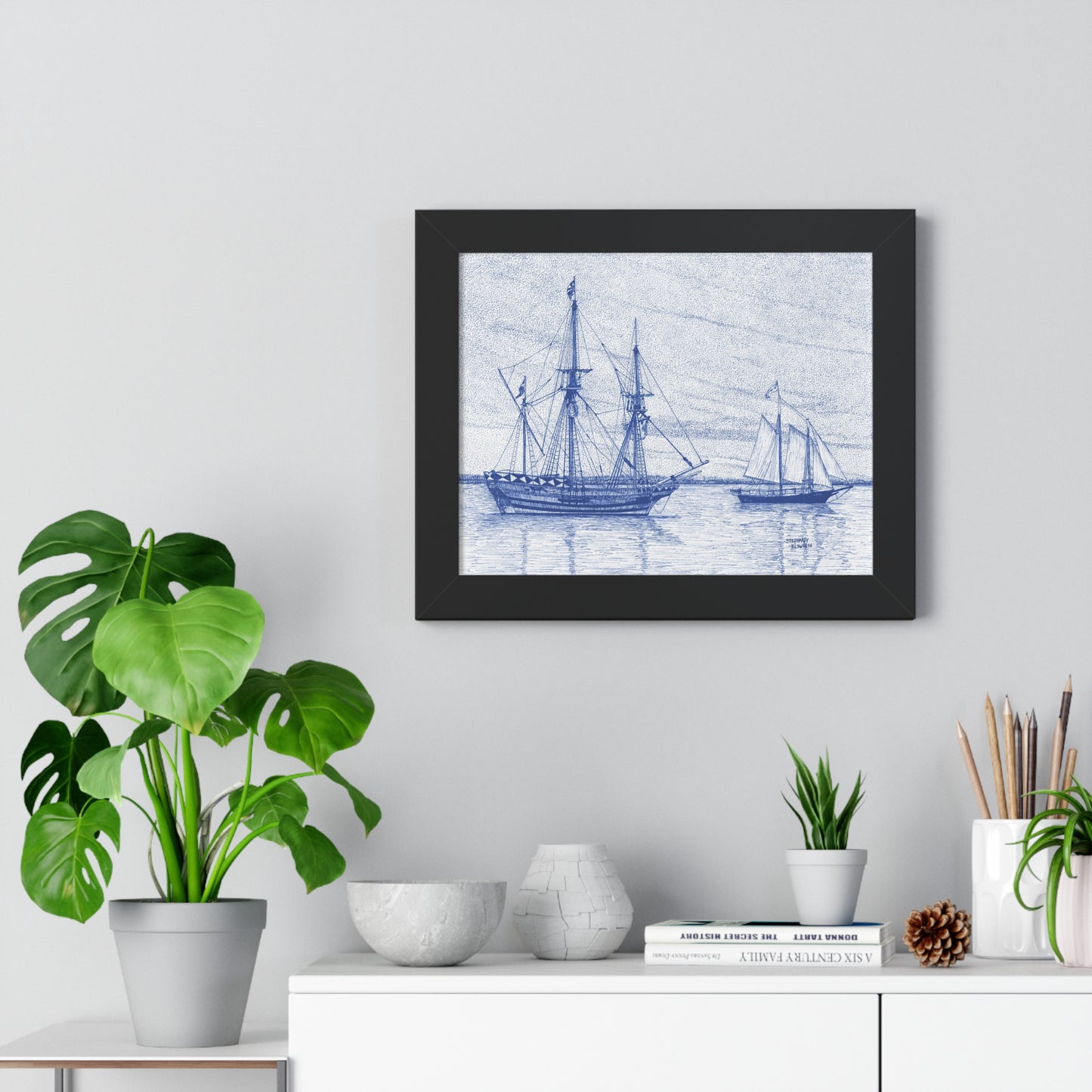 Framed Poster — Vintage Blue Nautical Ship Sketch