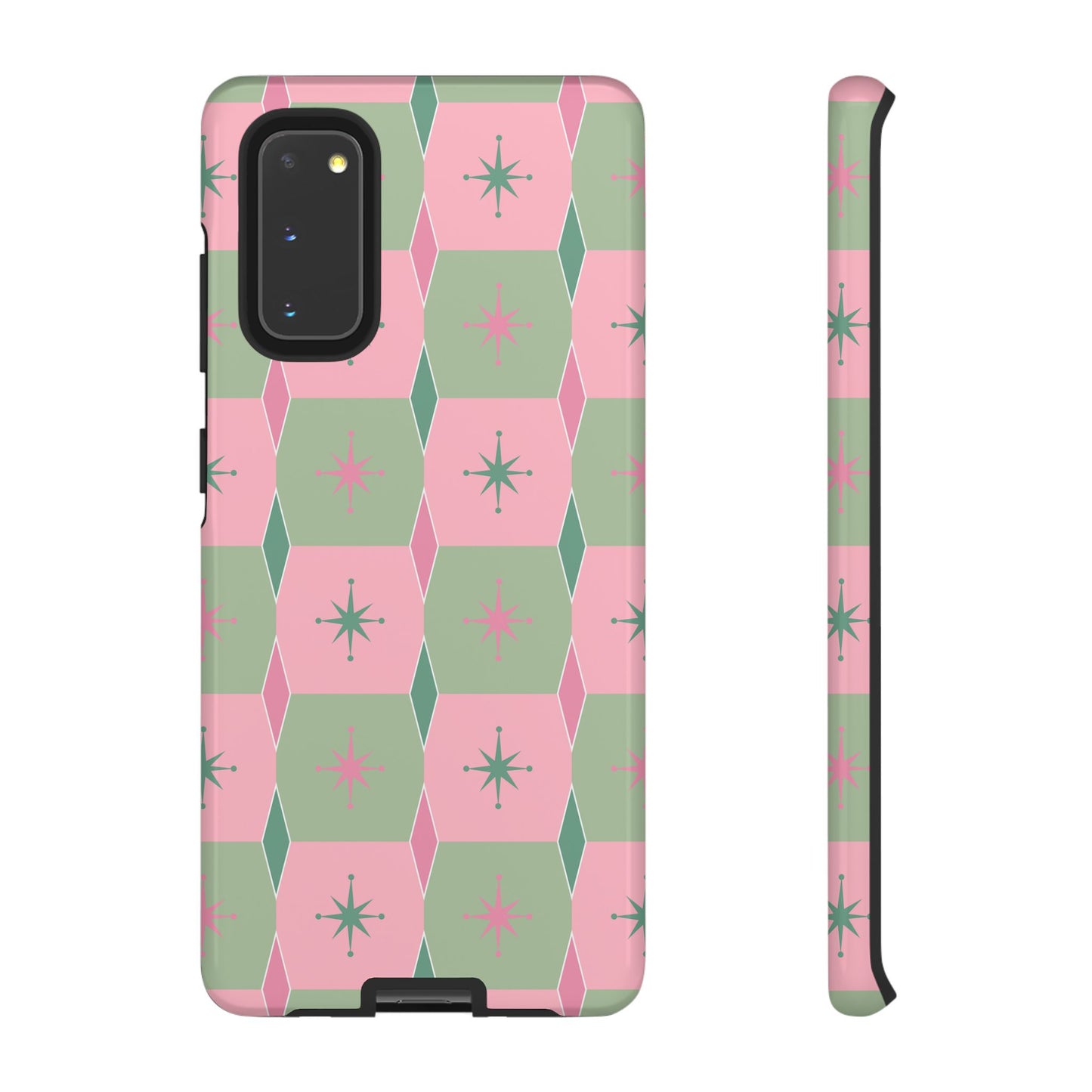 1950s Retro Square and Diamond Pattern in Pink and Green Tough Cases