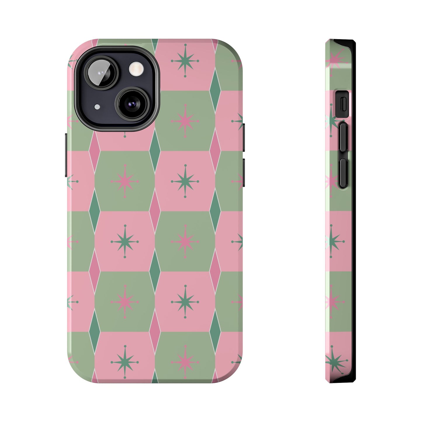 1950s Retro Square and Diamond Pattern in Pink and Green Tough iPhone Cases