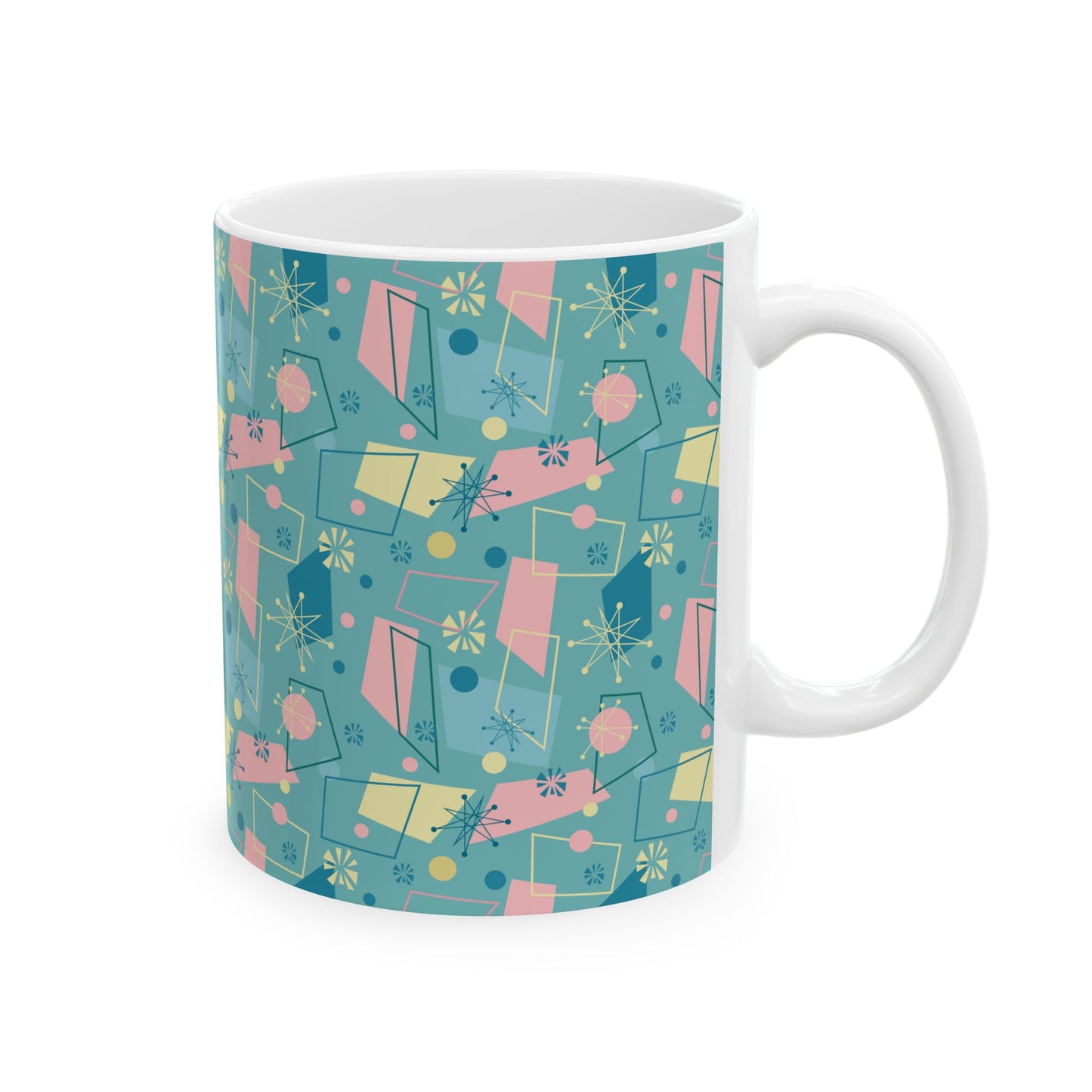 Mid-Century Modern Pattern Ceramic Mug — Retro Teal Atomic Design (11oz/15oz)