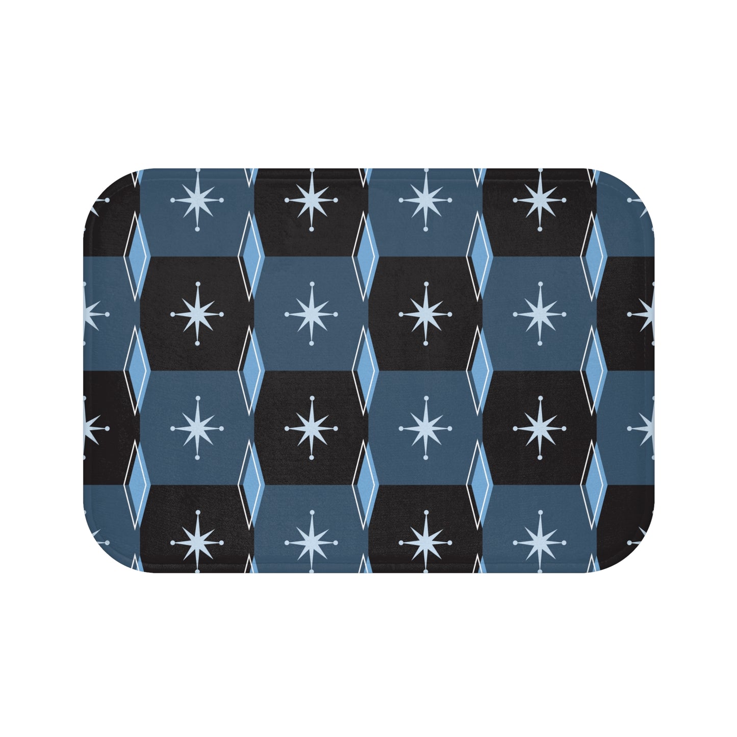 Mid-Century Starburst Bath Mat — Retro Geometric Blue Tile Design
