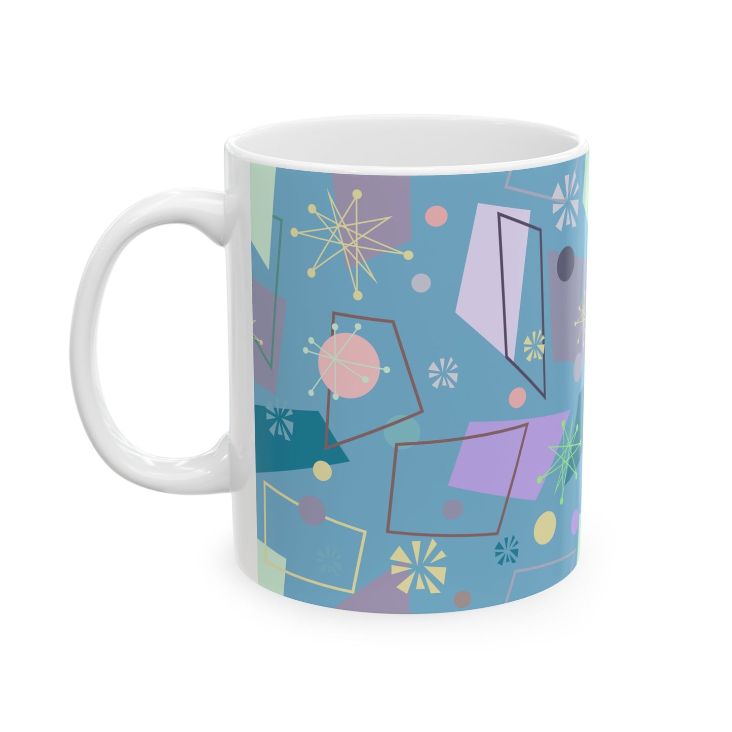 Retro Geometric Ceramic Mug — Mid-Century Modern Atomic Pattern (11oz & 15oz)