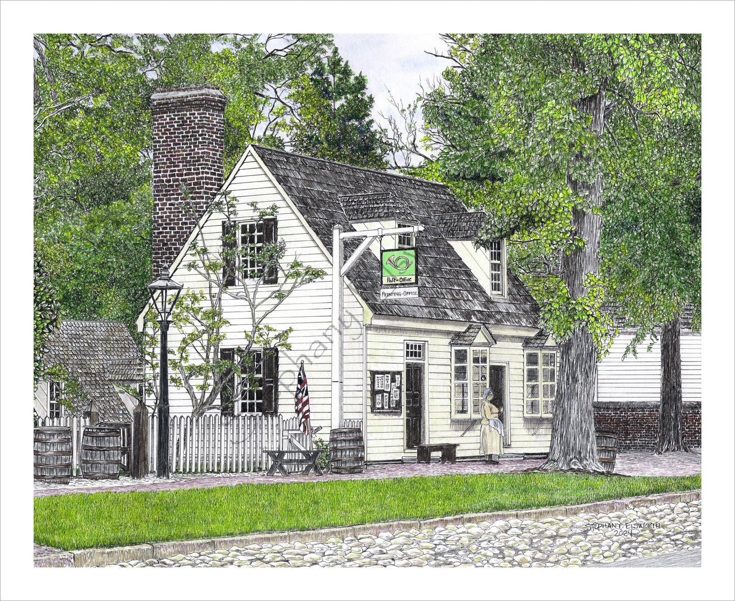 Colonial Williamsburg's Post Office, Williamsburg, Virginia 8 x 10 Pen and Ink/Colored Pencil Premium Giclee Fine Art Print in Optional 11 x 14 mat