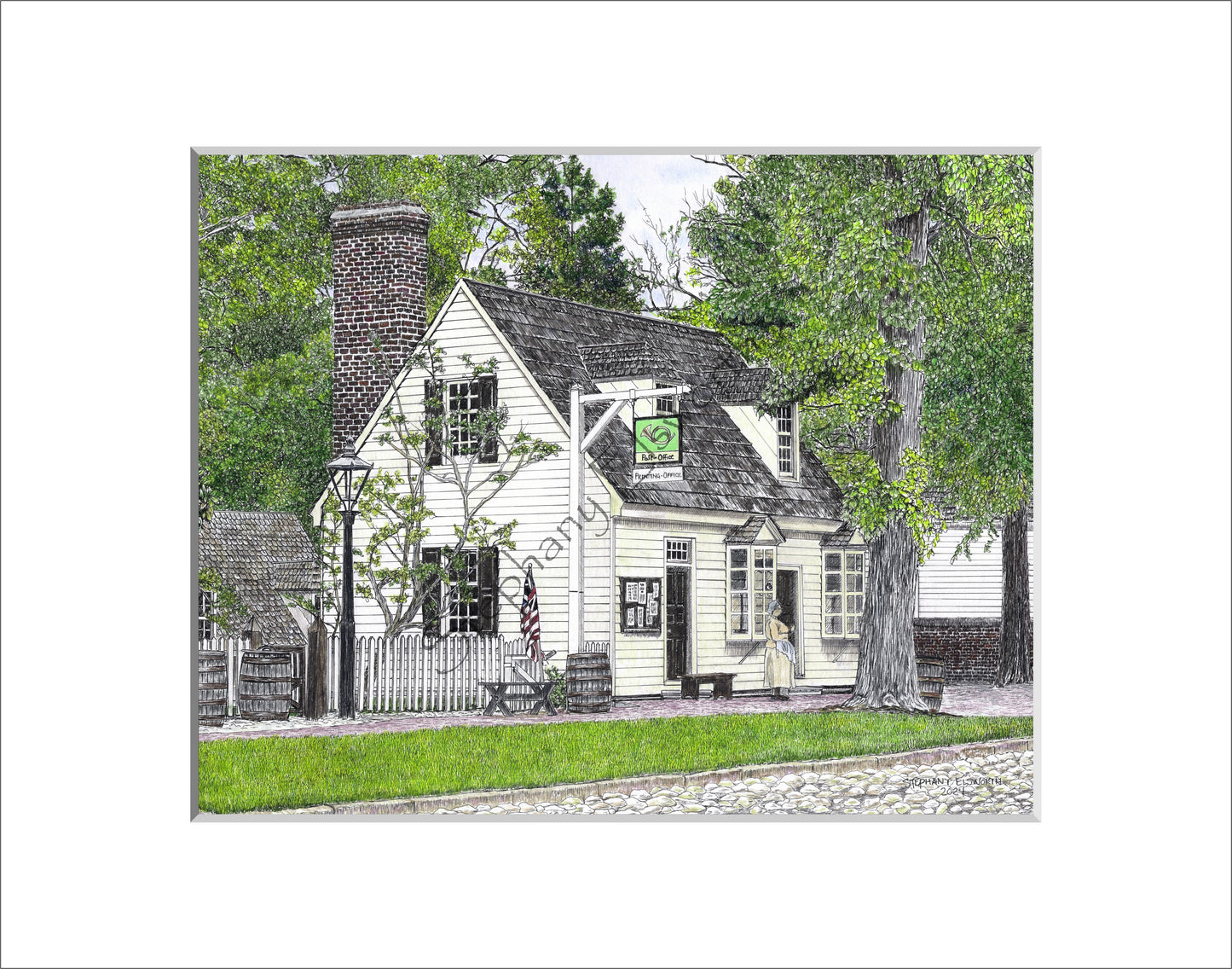 Colonial Williamsburg's Post Office, Williamsburg, Virginia 8 x 10 Pen and Ink/Colored Pencil Premium Giclee Fine Art Print in Optional 11 x 14 mat